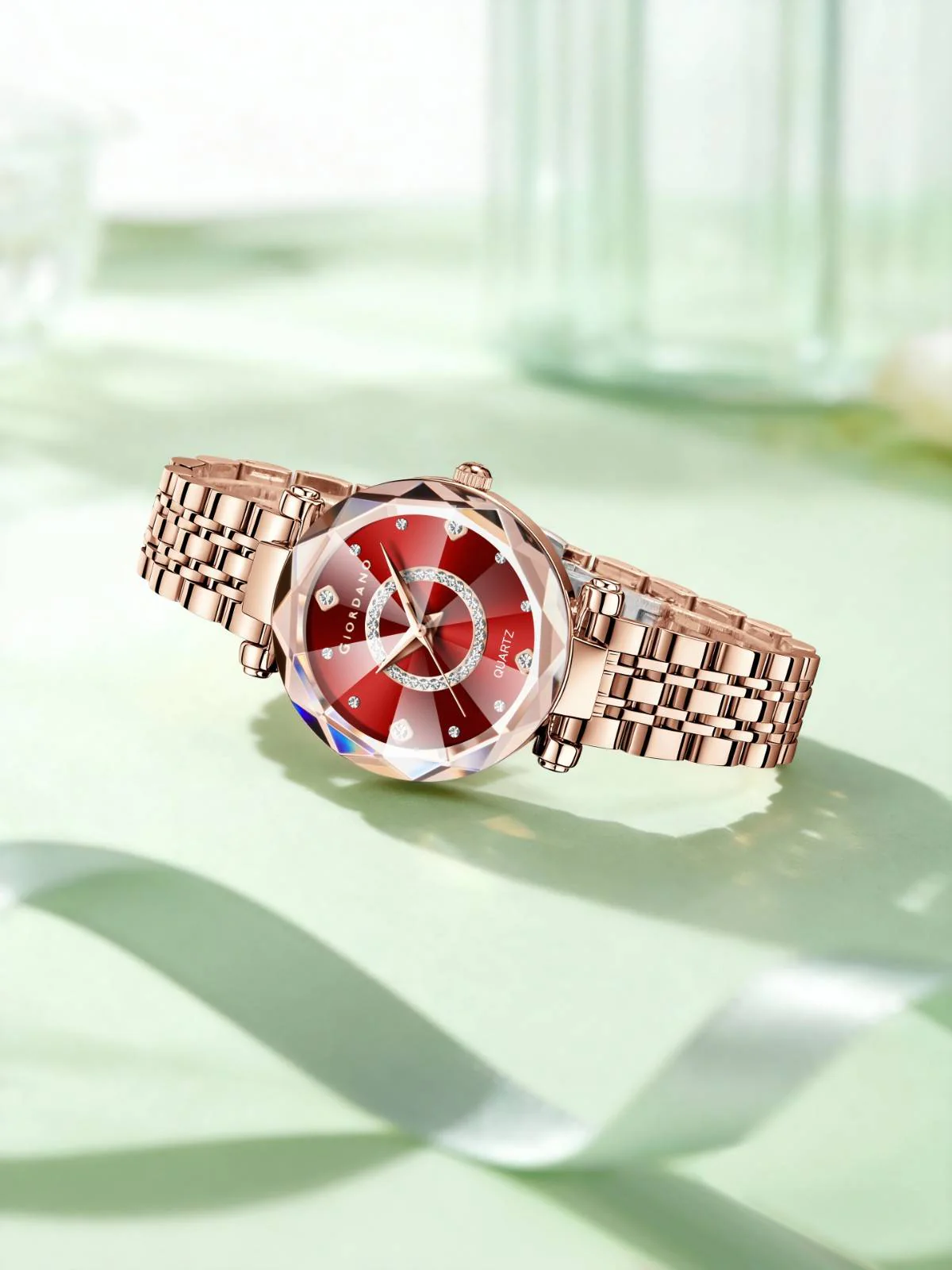 Giordano Analog Watch for Women – Round Dial with Crystal Accents, Rose Gold Stainless Steel Strap, Elegant Timepiece - GZ-60138-22 - Image 4