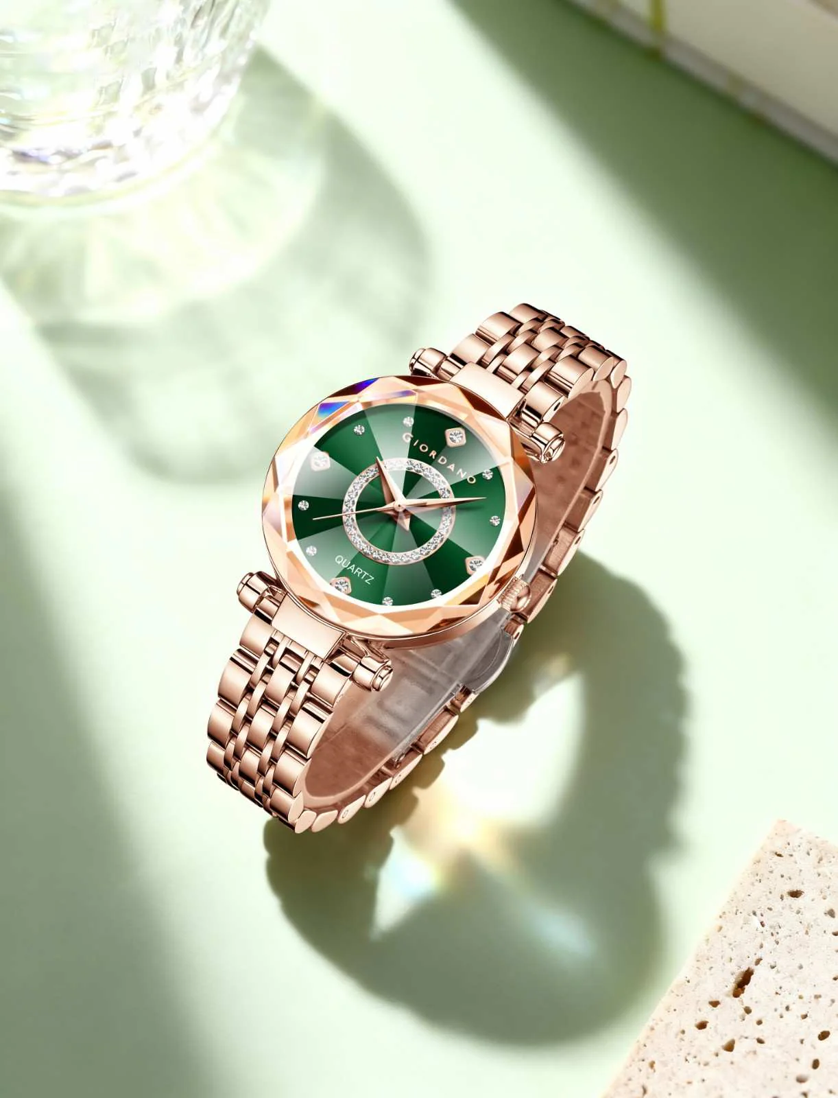 Giordano Analog Watch for Women – Round Dial with Crystal Accents, Rose Gold Stainless Steel Strap, Elegant Timepiece - GZ-60138-33 - Image 4