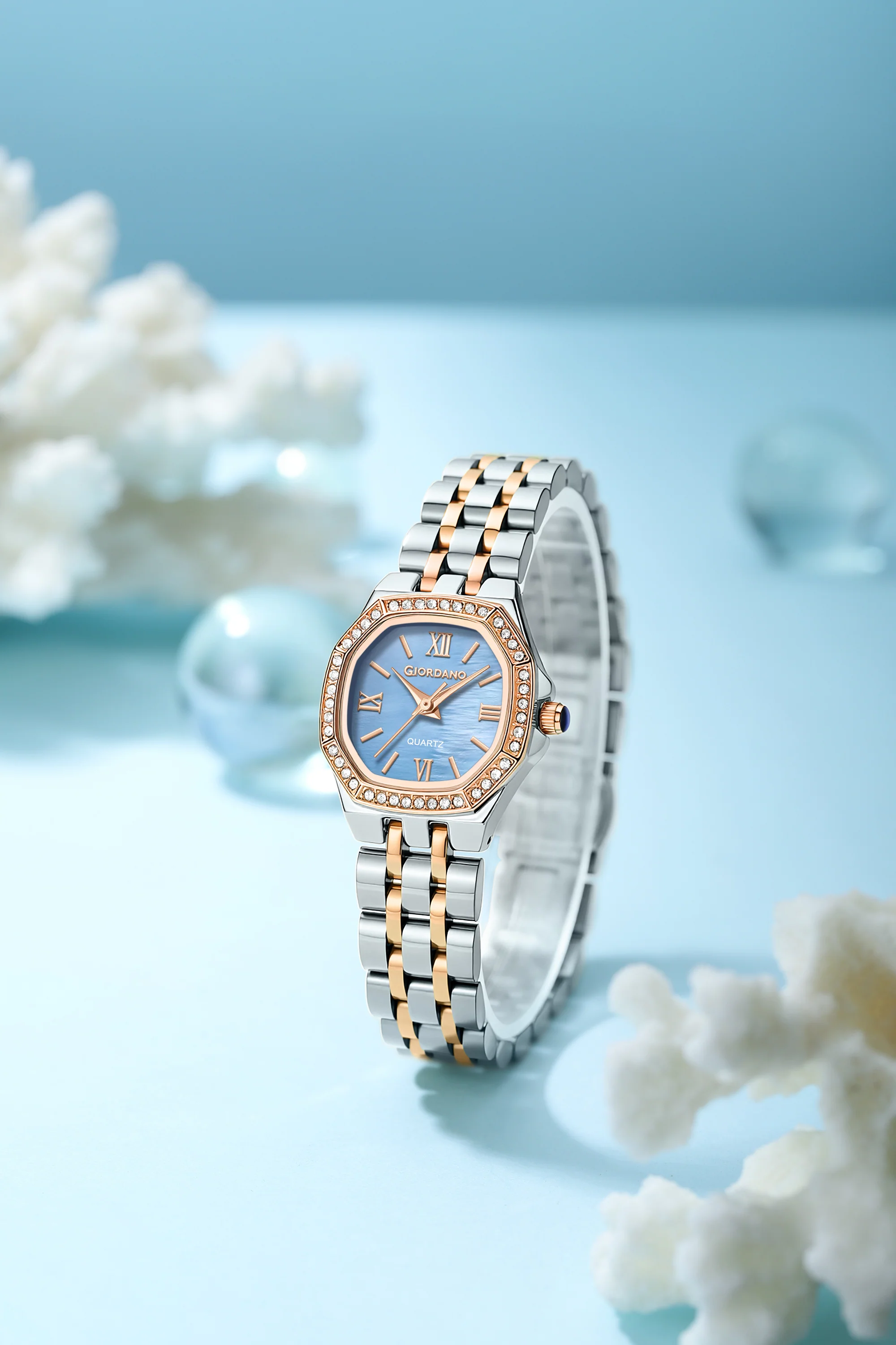 Giordano Analog Watch for Women with Blue Dial, Crystal Studded Bezel, Roman Indices & Stainless Steel Strap GZ-60162-66 - Image 3