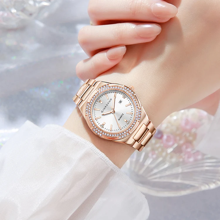 Giordano Analog watch for women with Crystal Bezel, round gloss finish dial, stainless steel strap and date display | GZ-60112-11 - Image 3