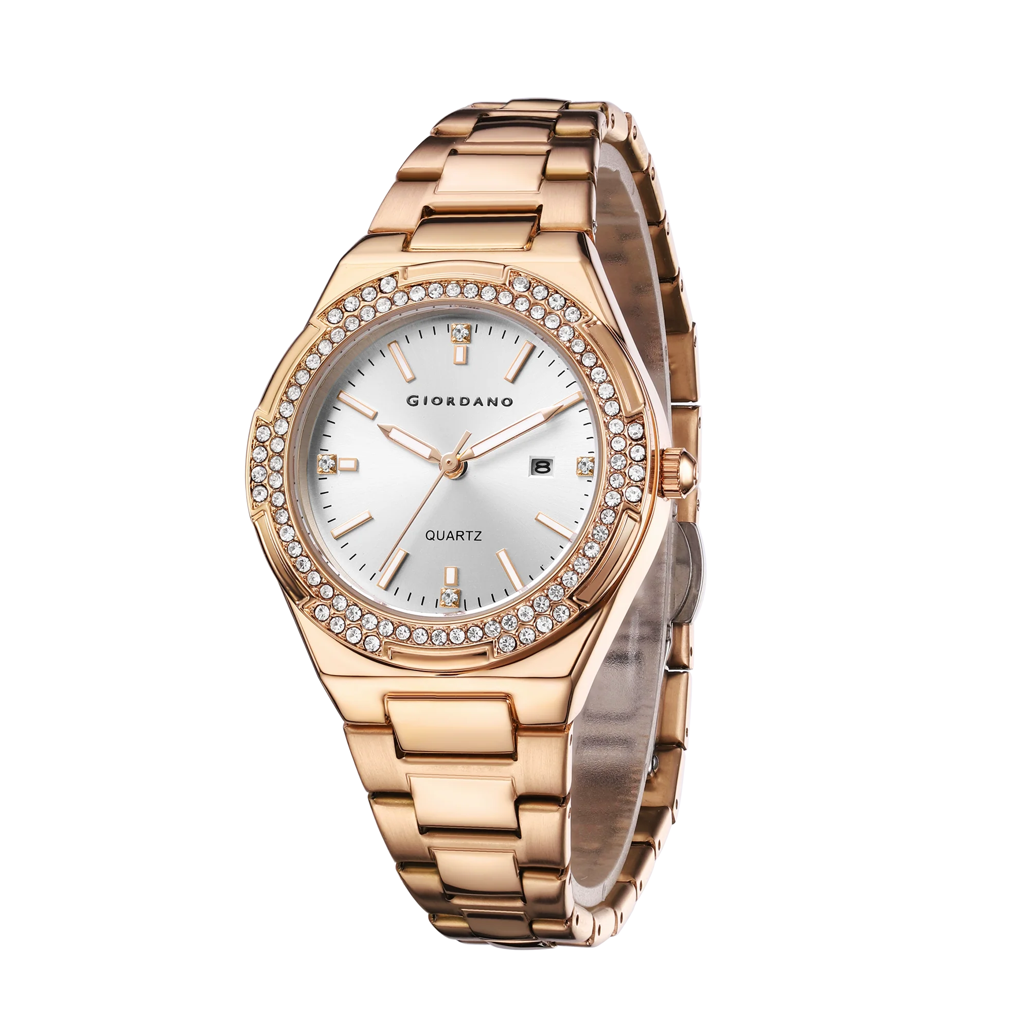 Giordano Analog watch for women with Crystal Bezel, round gloss finish dial, stainless steel strap and date display | GZ-60112-11 - Image 5