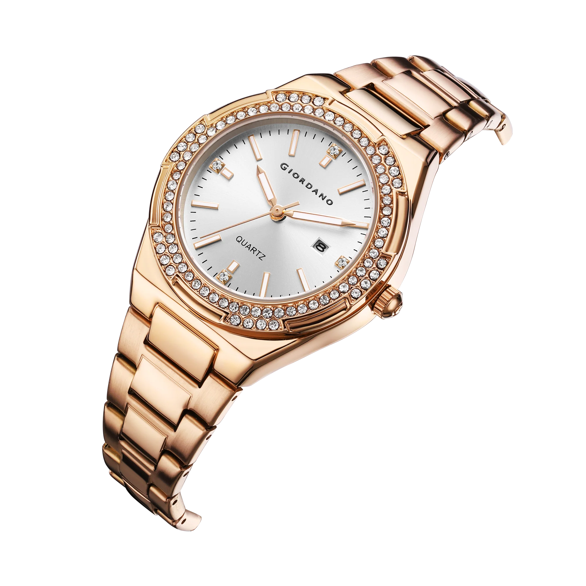 Giordano Analog watch for women with Crystal Bezel, round gloss finish dial, stainless steel strap and date display | GZ-60112-11 - Image 6