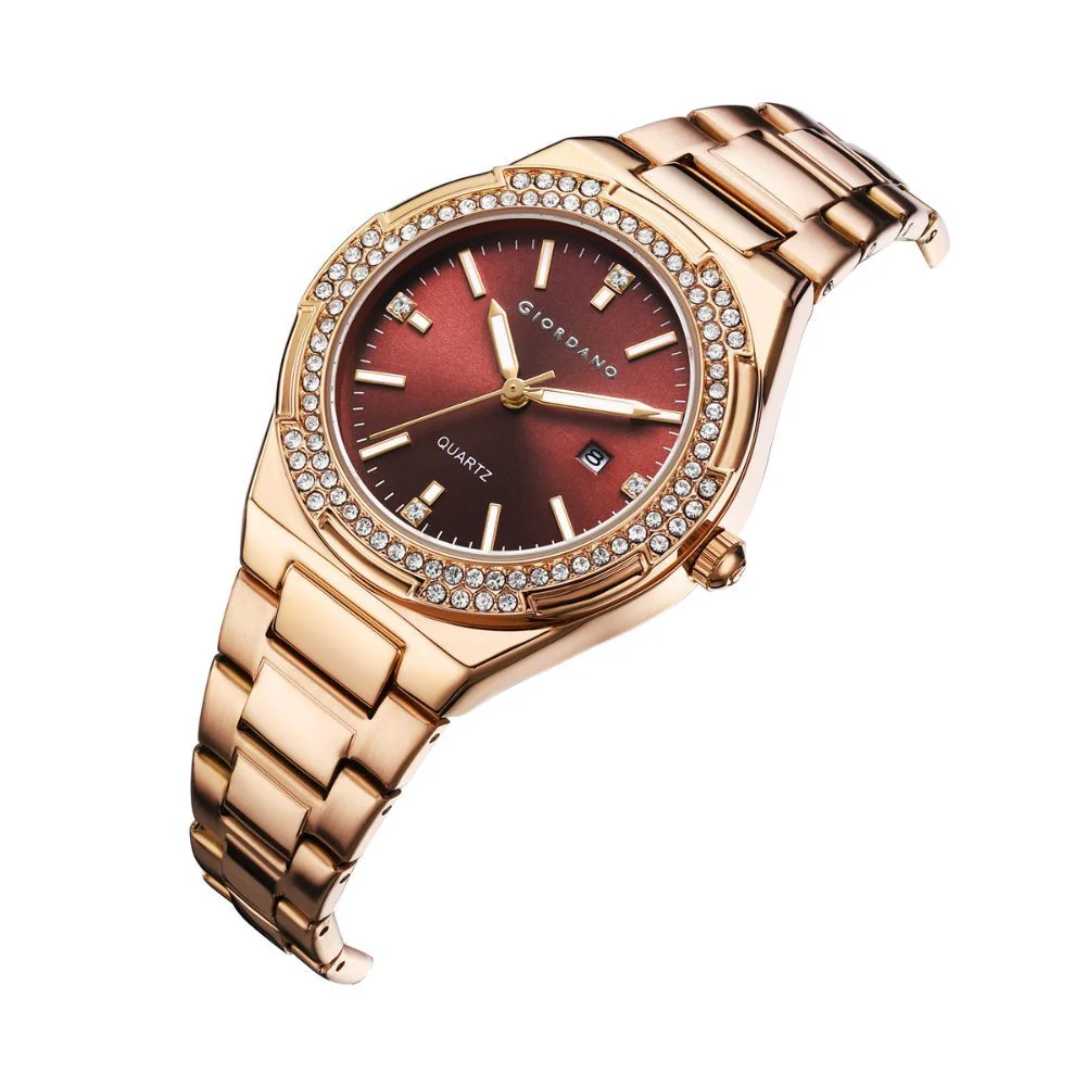 Giordano Analog watch for women with Crystal Bezel, round gloss finish dial, stainless steel strap and date display | GZ-60112-22 - Image 5