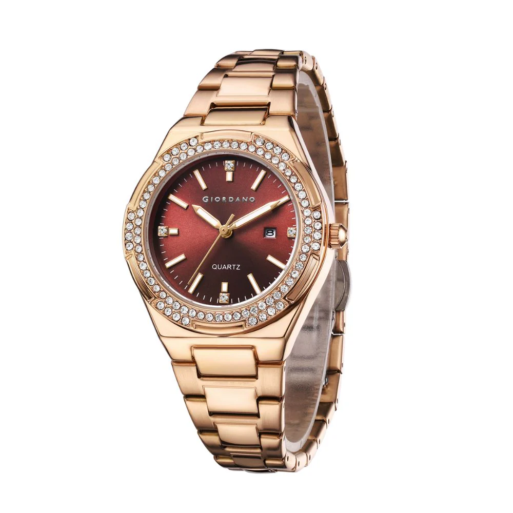Giordano Analog watch for women with Crystal Bezel, round gloss finish dial, stainless steel strap and date display | GZ-60112-22 - Image 6