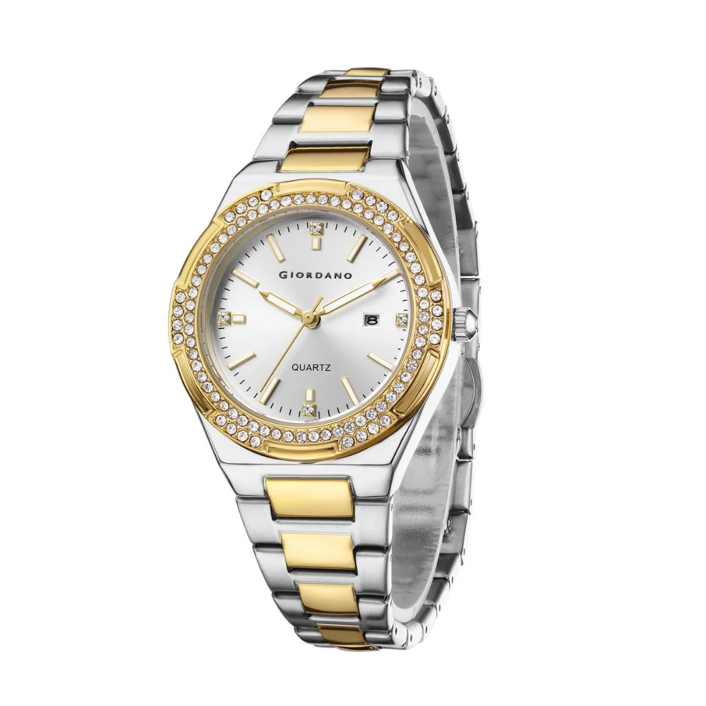Giordano Analog watch for women with Crystal Bezel, round gloss finish dial, stainless steel strap and date display | GZ-60112-33 - Image 4