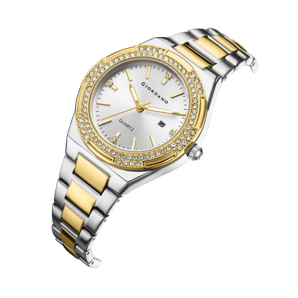 Giordano Analog watch for women with Crystal Bezel, round gloss finish dial, stainless steel strap and date display | GZ-60112-33 - Image 5