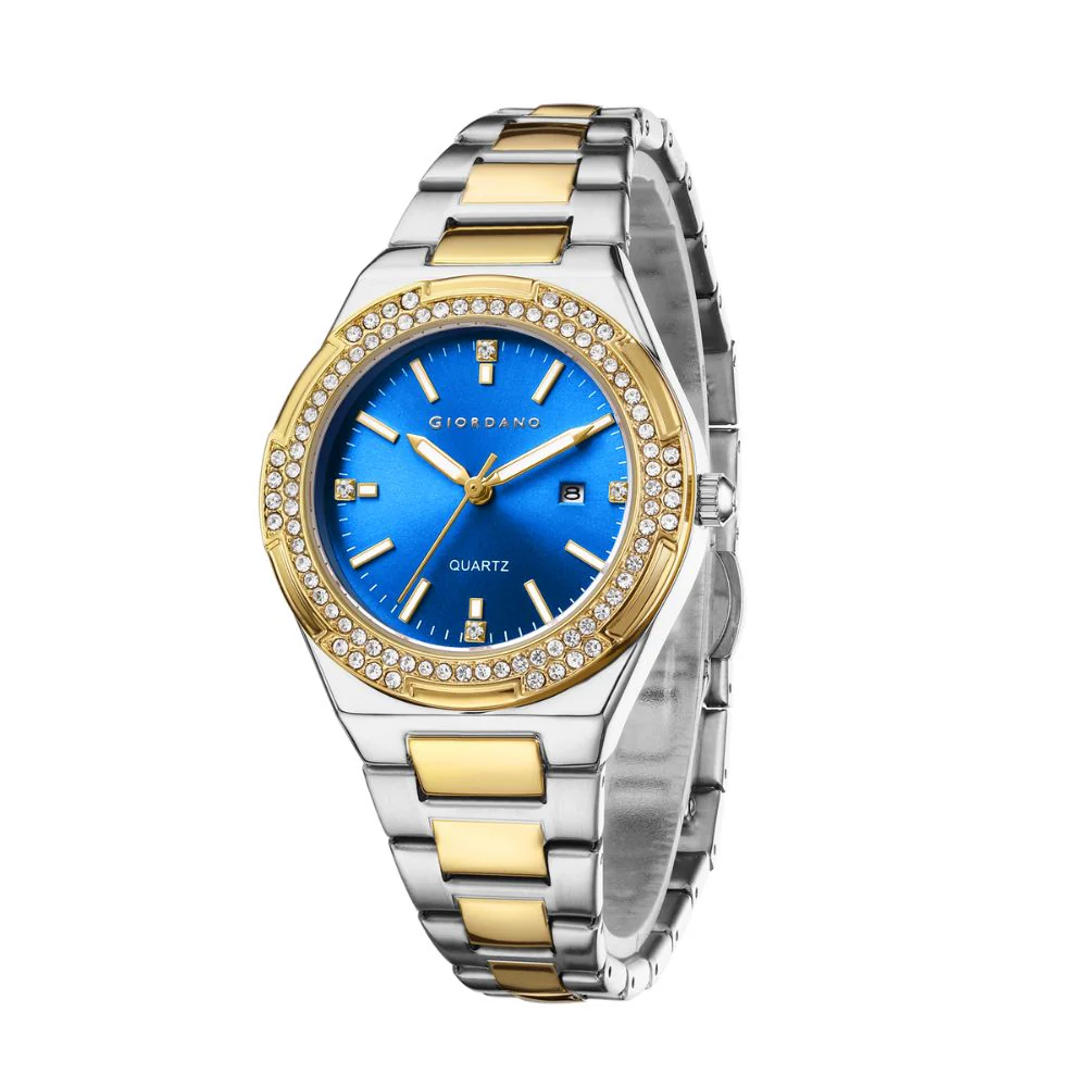 Giordano Analog watch for women with Crystal Bezel, round gloss finish dial, stainless steel strap and date display | GZ-60112-44 - Image 4