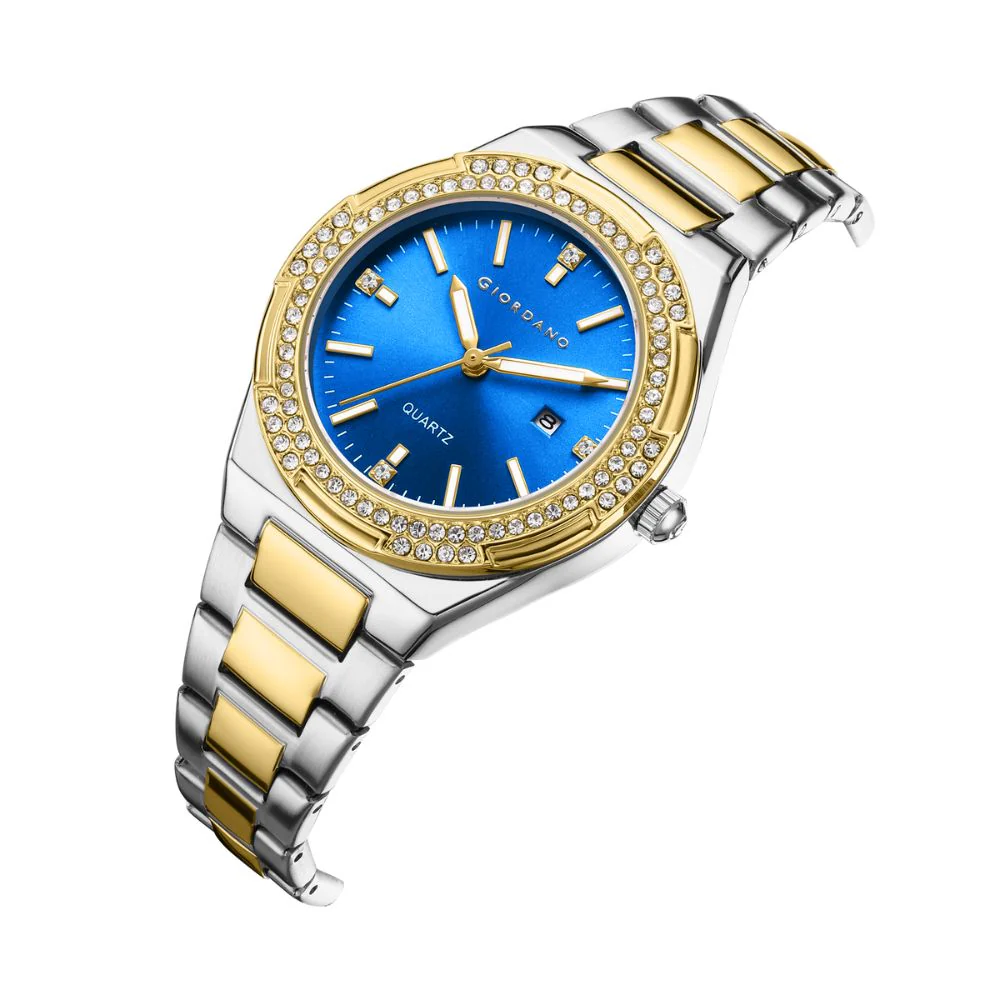 Giordano Analog watch for women with Crystal Bezel, round gloss finish dial, stainless steel strap and date display | GZ-60112-44 - Image 5