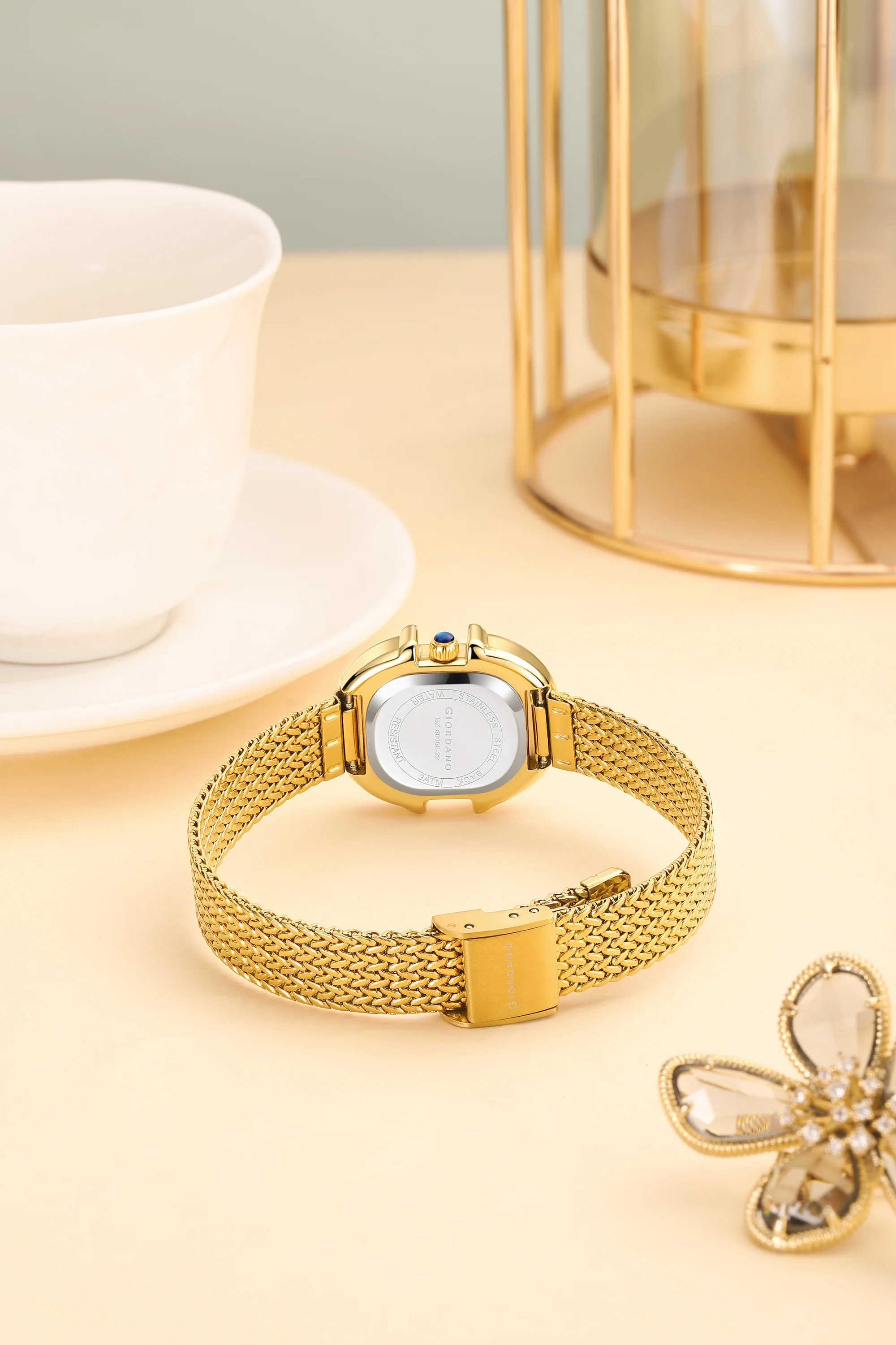 Giordano Analog Watch for Women with Crystal Studded Oval Case, Sunray Dial, Roman Numeral Markers, Blue Crown and Mesh Metal Strap - GZ-60168-22 - Image 4