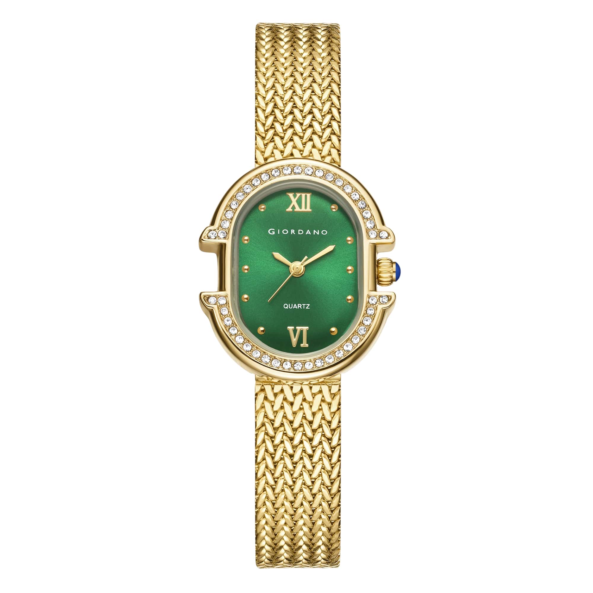 Giordano Analog Watch for Women with Crystal Studded Oval Case, Sunray Dial, Roman Numeral Markers, Blue Crown and Mesh Metal Strap - GZ-60168-22 - Image 5