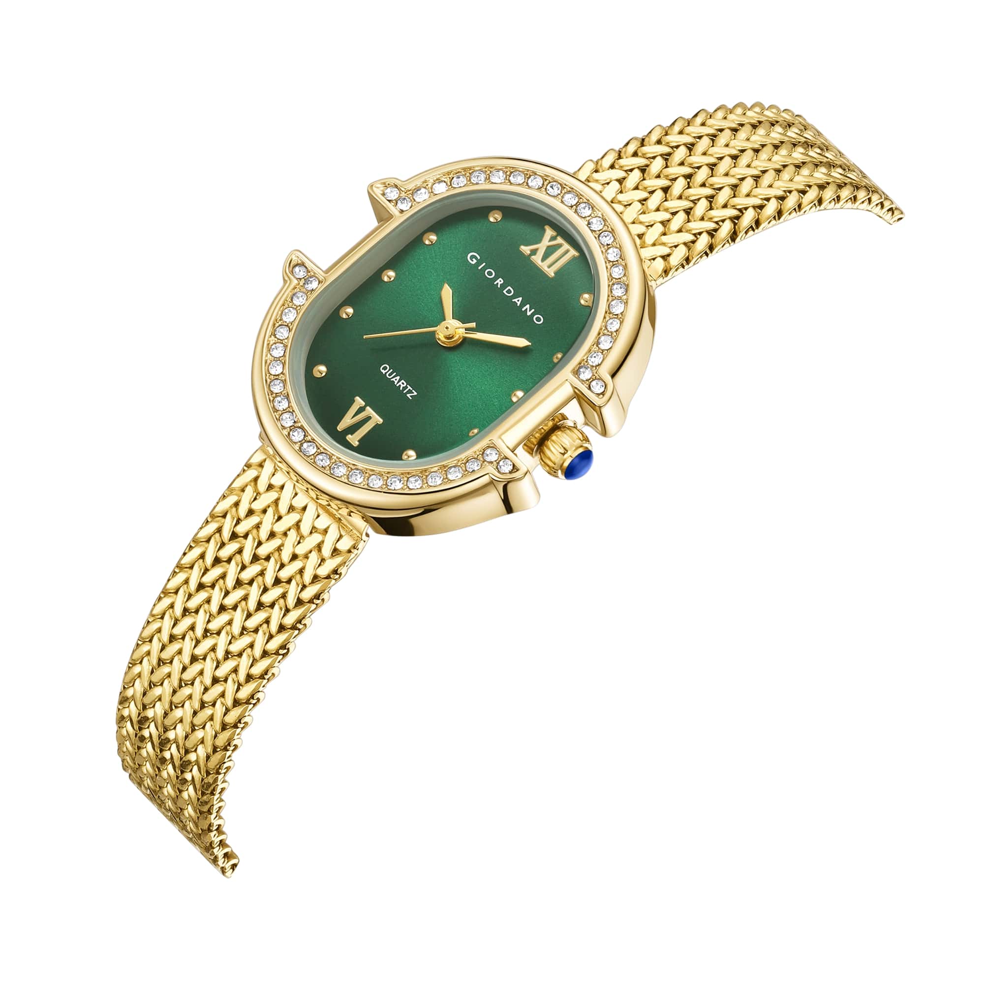 Giordano Analog Watch for Women with Crystal Studded Oval Case, Sunray Dial, Roman Numeral Markers, Blue Crown and Mesh Metal Strap - GZ-60168-22 - Image 6