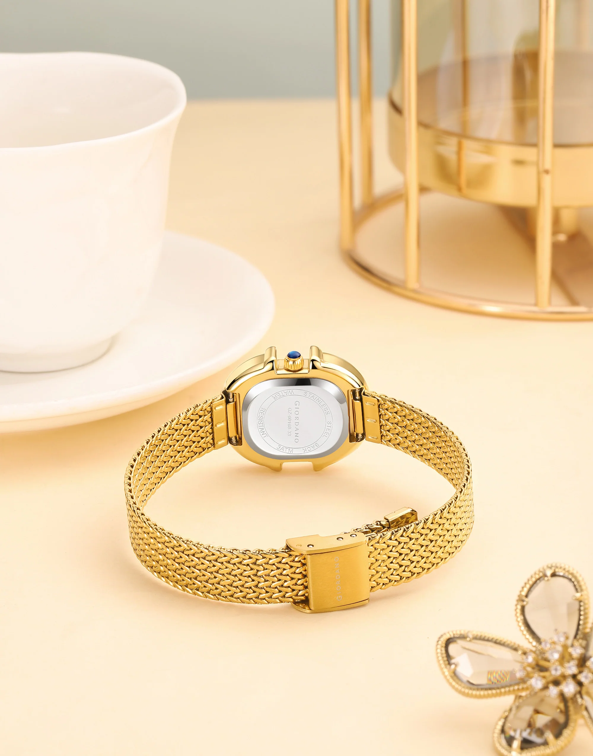 Giordano Analog Watch for Women with Crystal Studded Oval Case, Sunray Dial, Roman Numeral Markers, Blue Crown and Mesh Metal Strap - GZ-60168-33 - Image 4