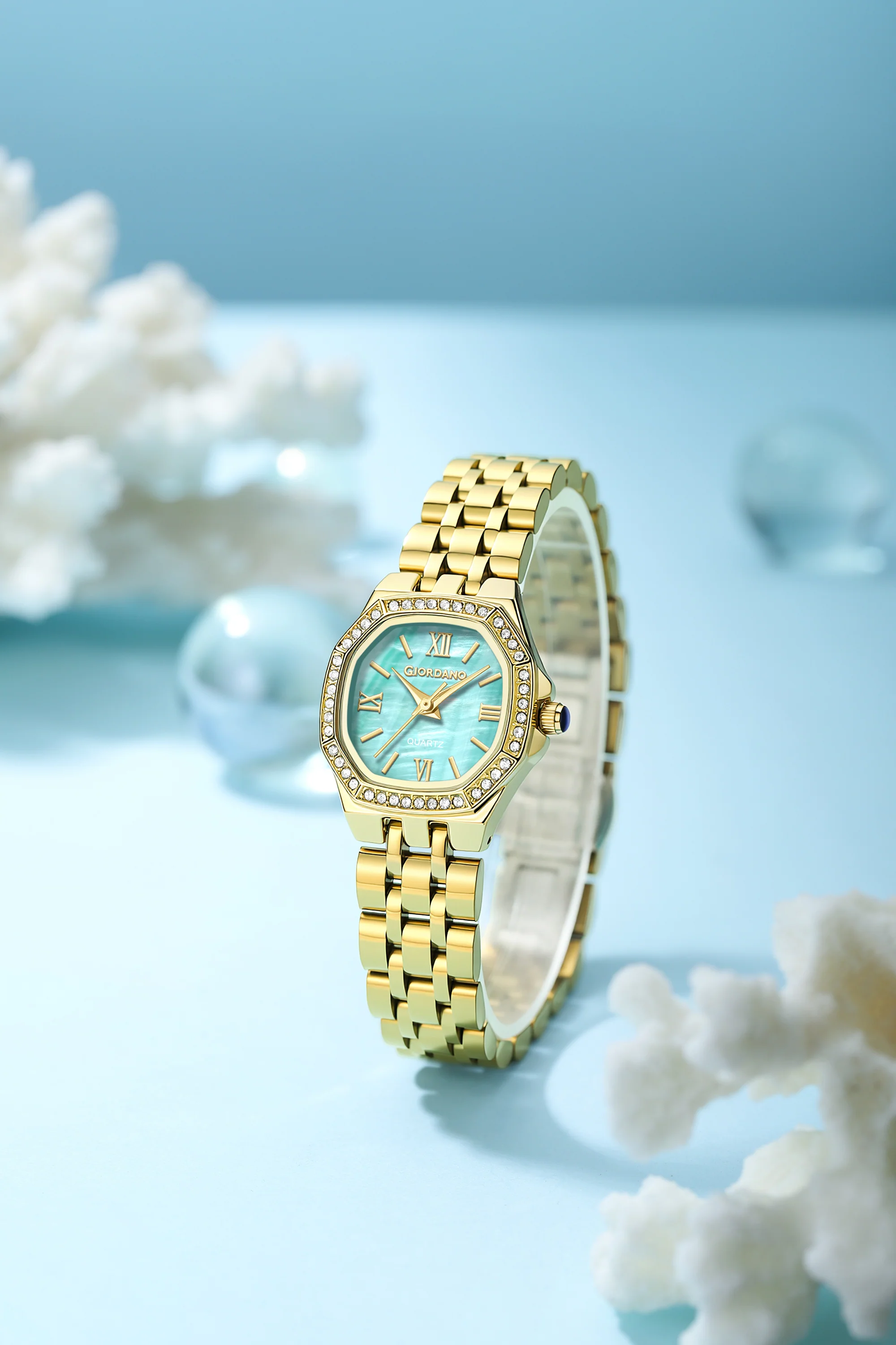 Giordano Analog Watch for Women with Green Dial, Crystal Studded Bezel, Roman Indices & Stainless Steel Strap GZ-60162-33 - Image 3