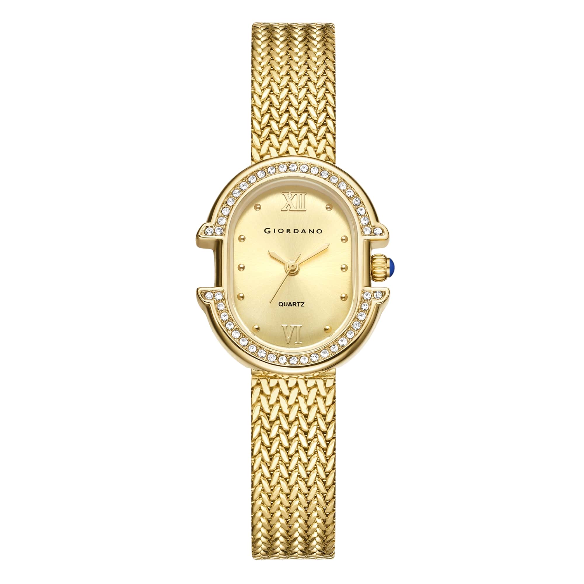 Giordano Analog Watch for Women with Oval Gold Dial, Crystal Studded Bezel, Roman Indices & Gold Stainless Steel Mesh Strap GZ-60168-33 - Image 5
