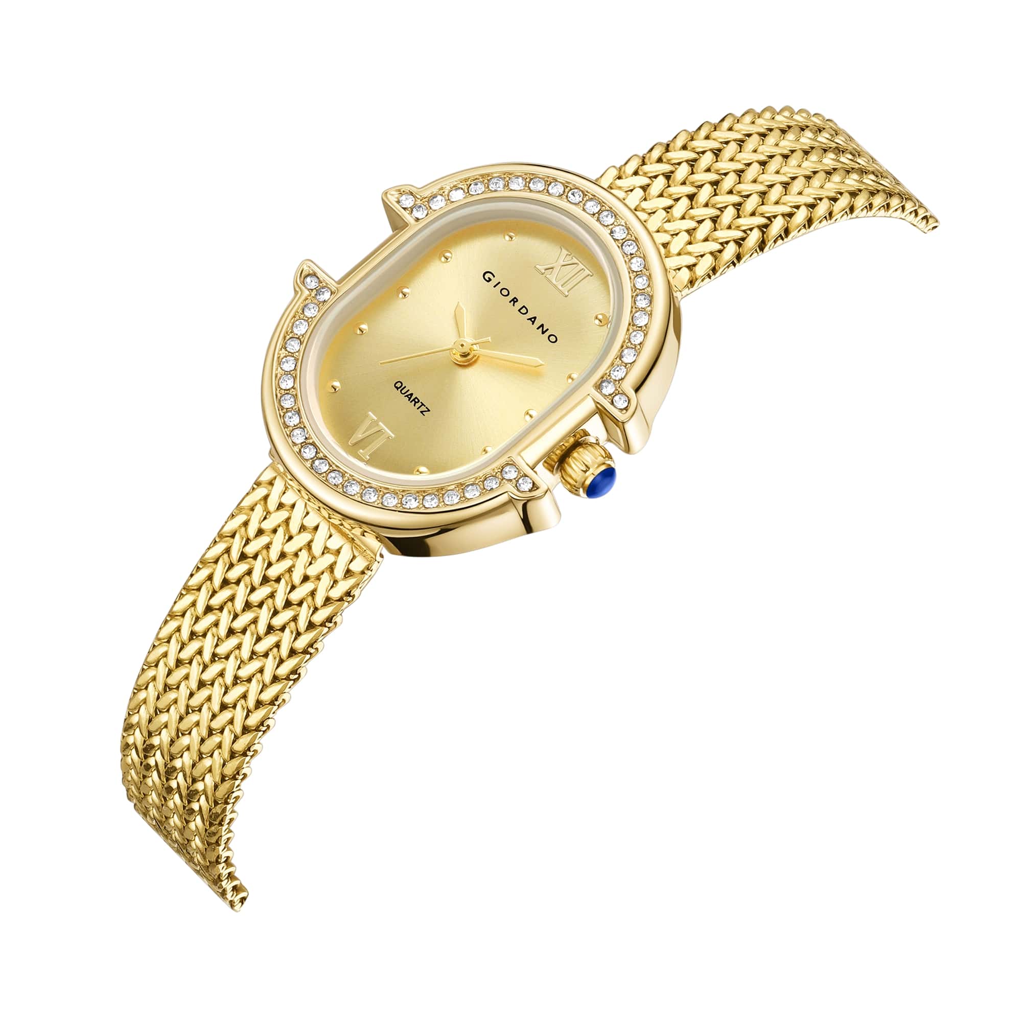Giordano Analog Watch for Women with Oval Gold Dial, Crystal Studded Bezel, Roman Indices & Gold Stainless Steel Mesh Strap GZ-60168-33 - Image 6