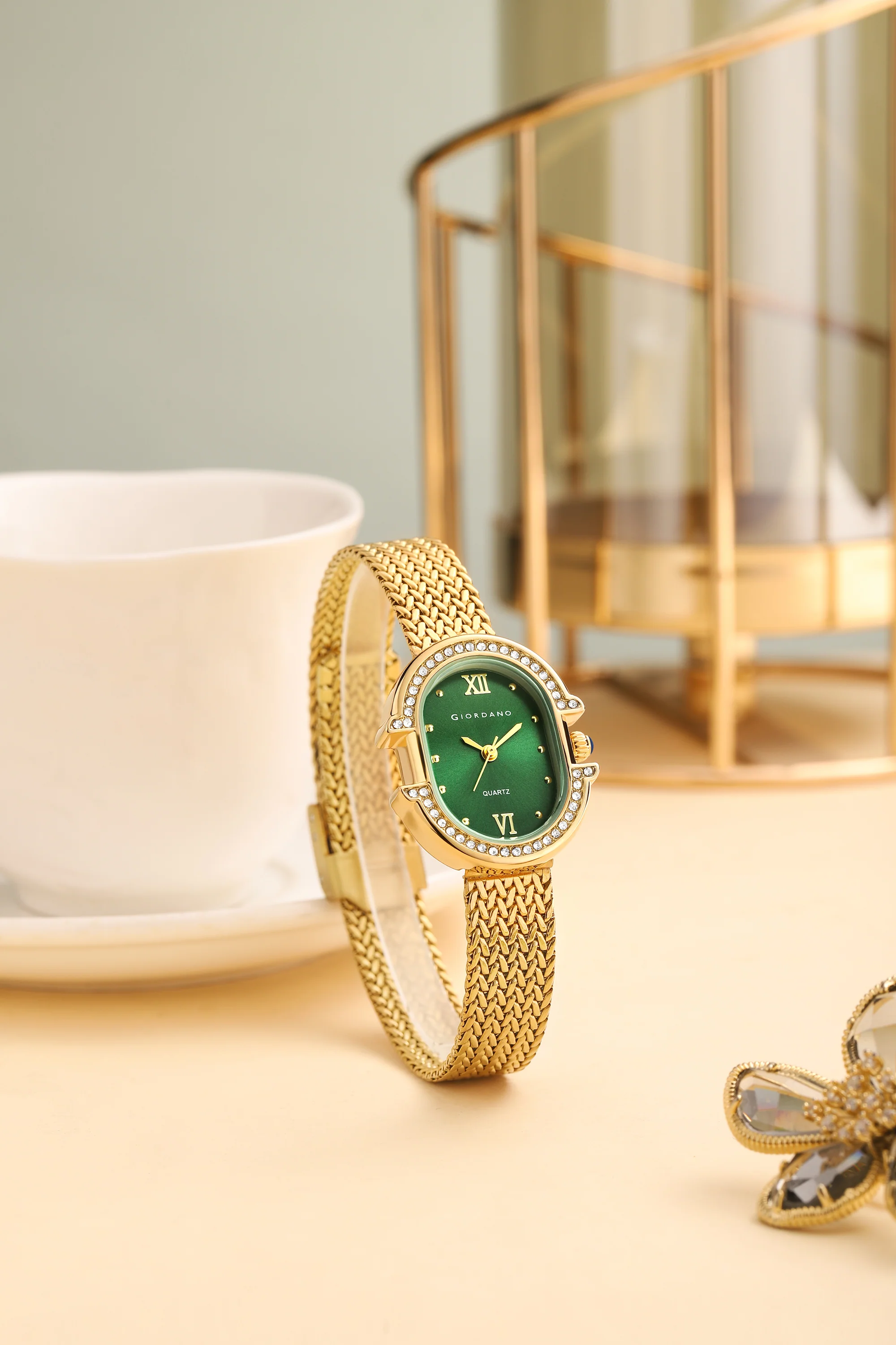 Giordano Analog Watch for Women with Oval Green Dial, Crystal Studded Bezel, Roman Indices & Gold Stainless Steel Mesh Strap GZ-60168-22 - Image 3