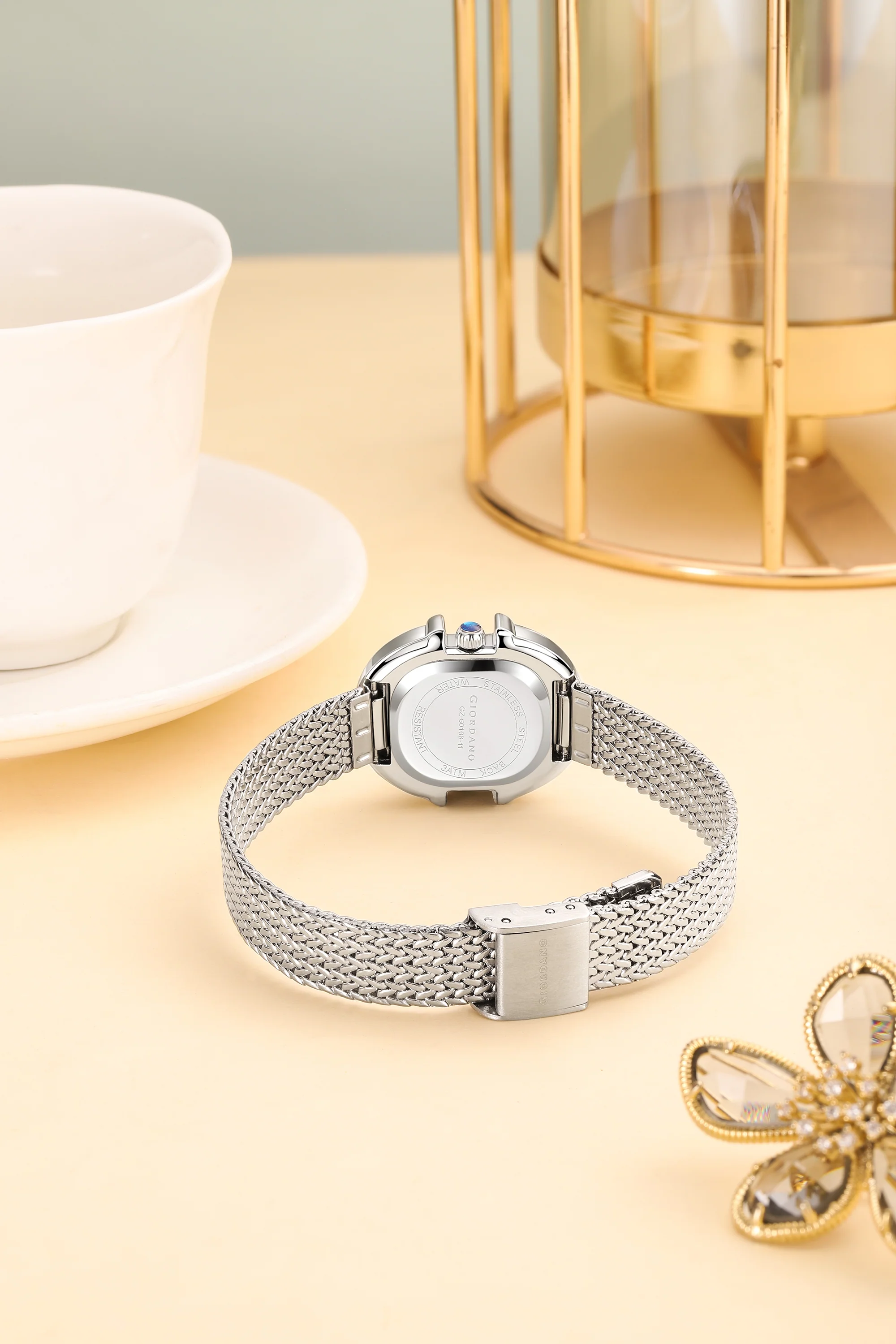 Giordano Analog Watch for Women with Oval Silver Dial, Crystal Studded Bezel, Roman Indices & Silver Stainless Steel Mesh Strap GZ-60168-11 - Image 4