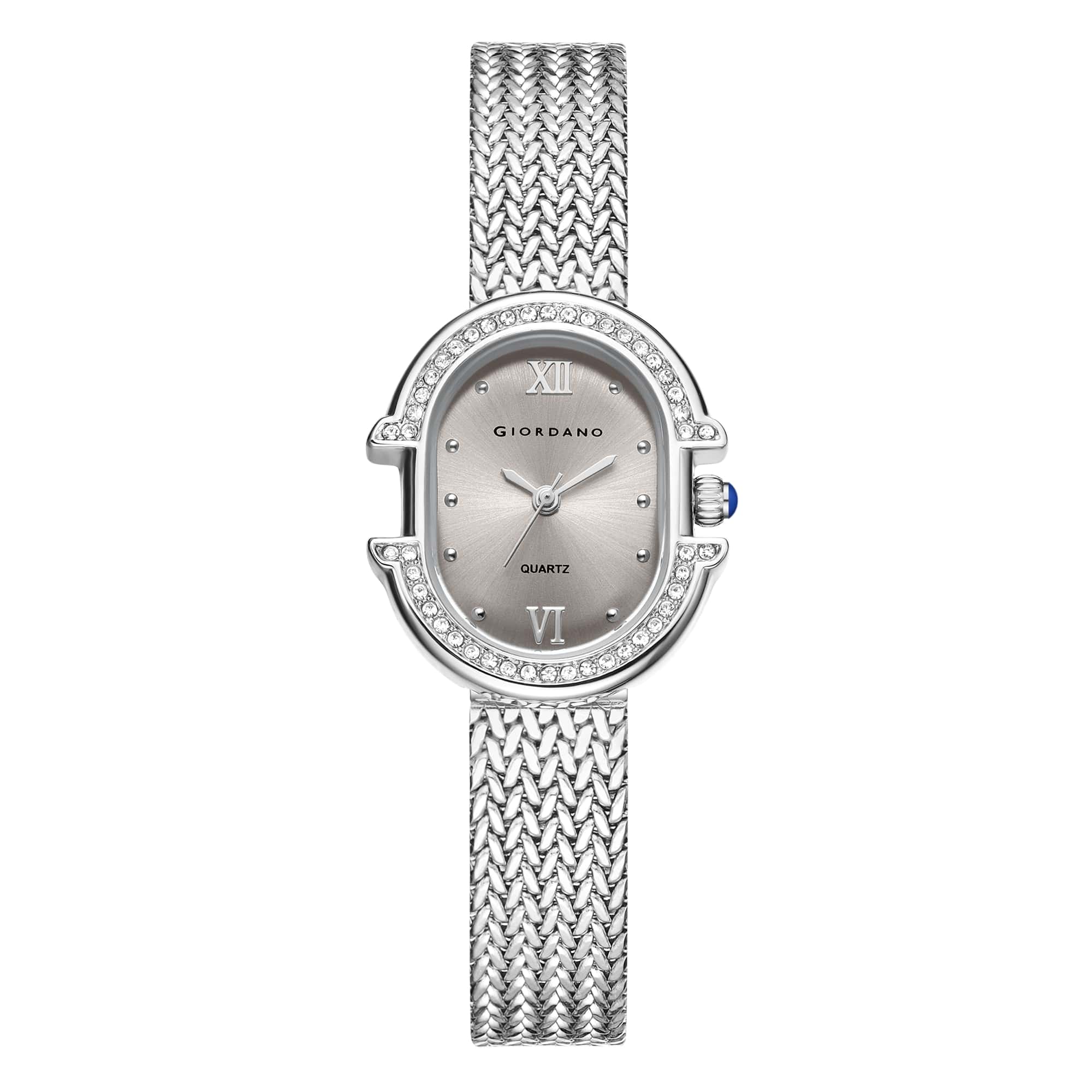 Giordano Analog Watch for Women with Oval Silver Dial, Crystal Studded Bezel, Roman Indices & Silver Stainless Steel Mesh Strap GZ-60168-11 - Image 5