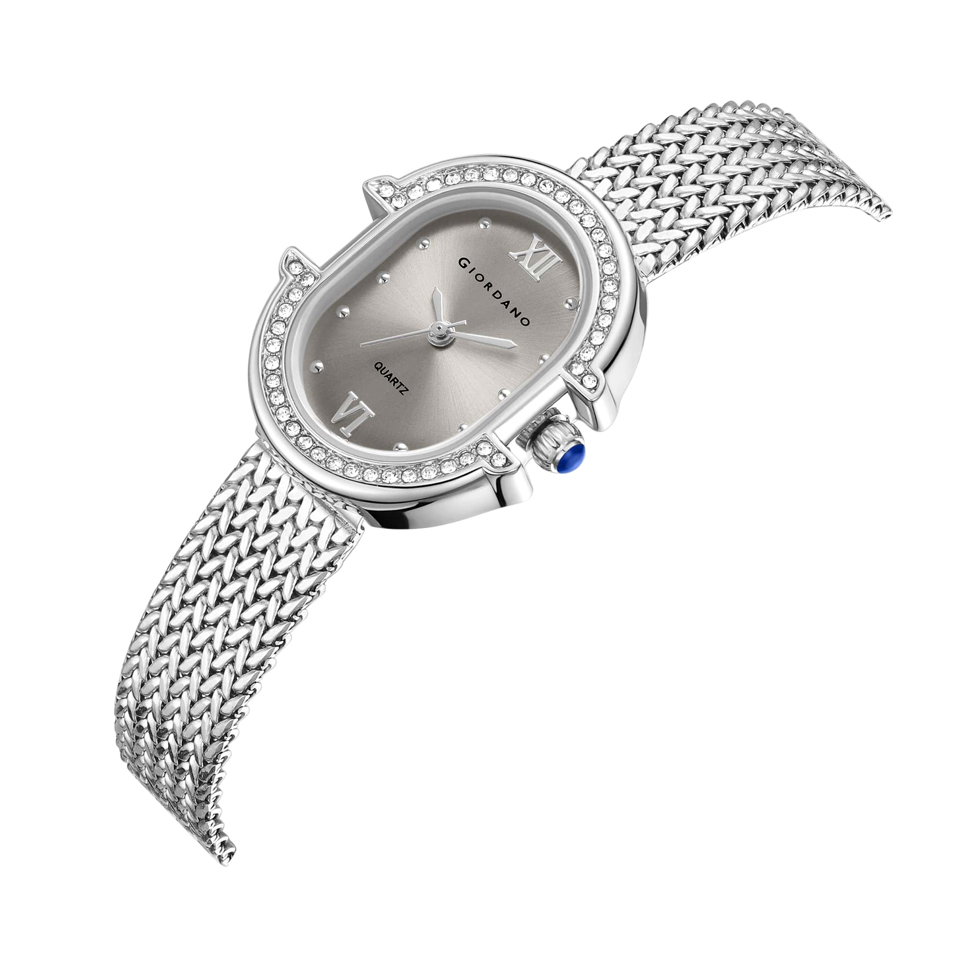 Giordano Analog Watch for Women with Oval Silver Dial, Crystal Studded Bezel, Roman Indices & Silver Stainless Steel Mesh Strap GZ-60168-11 - Image 6