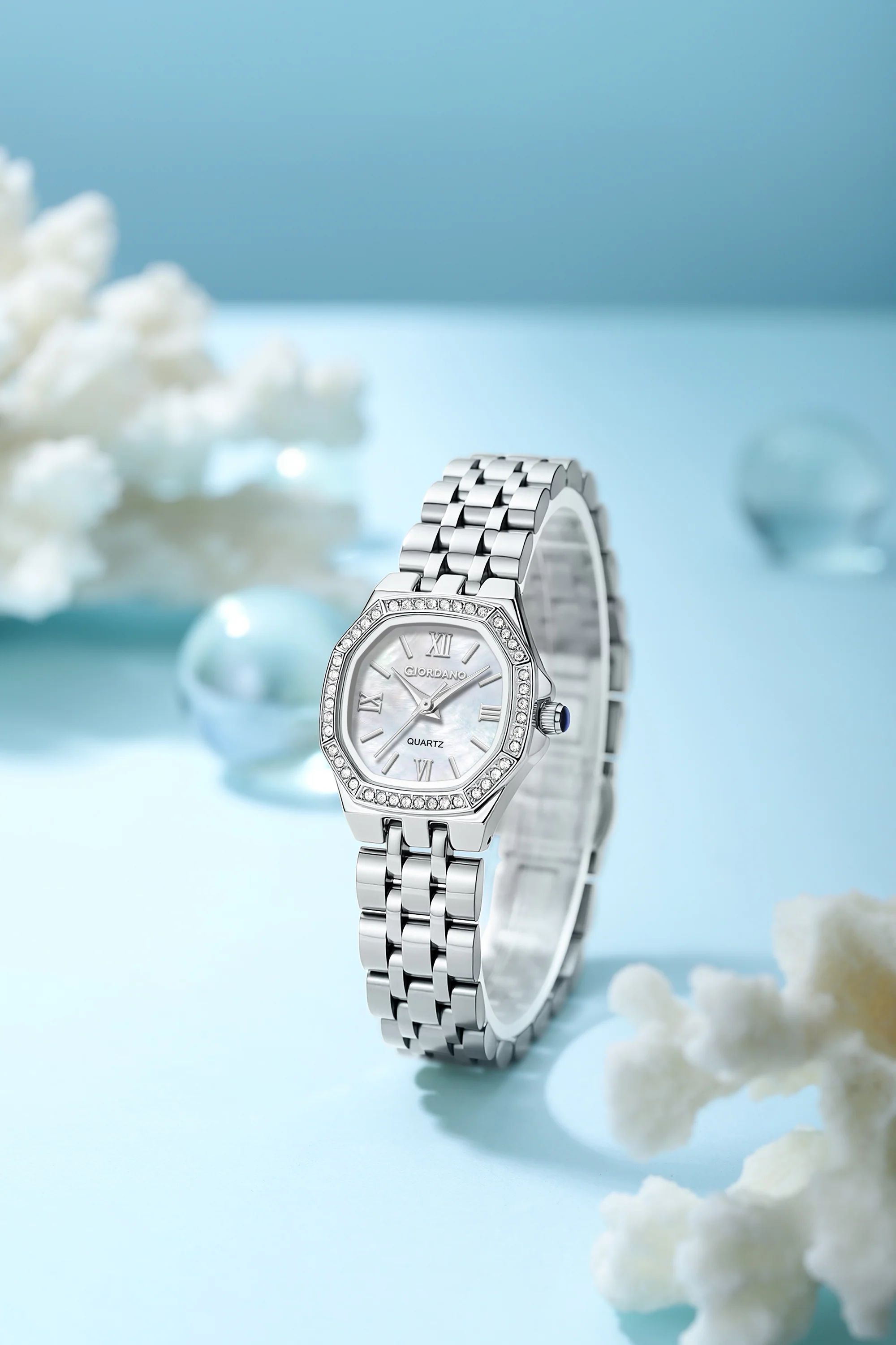 Giordano Analog Watch for Women with Silver Dial, Crystal Studded Bezel, Roman Indices & Stainless Steel Strap GZ-60162-22 - Image 3