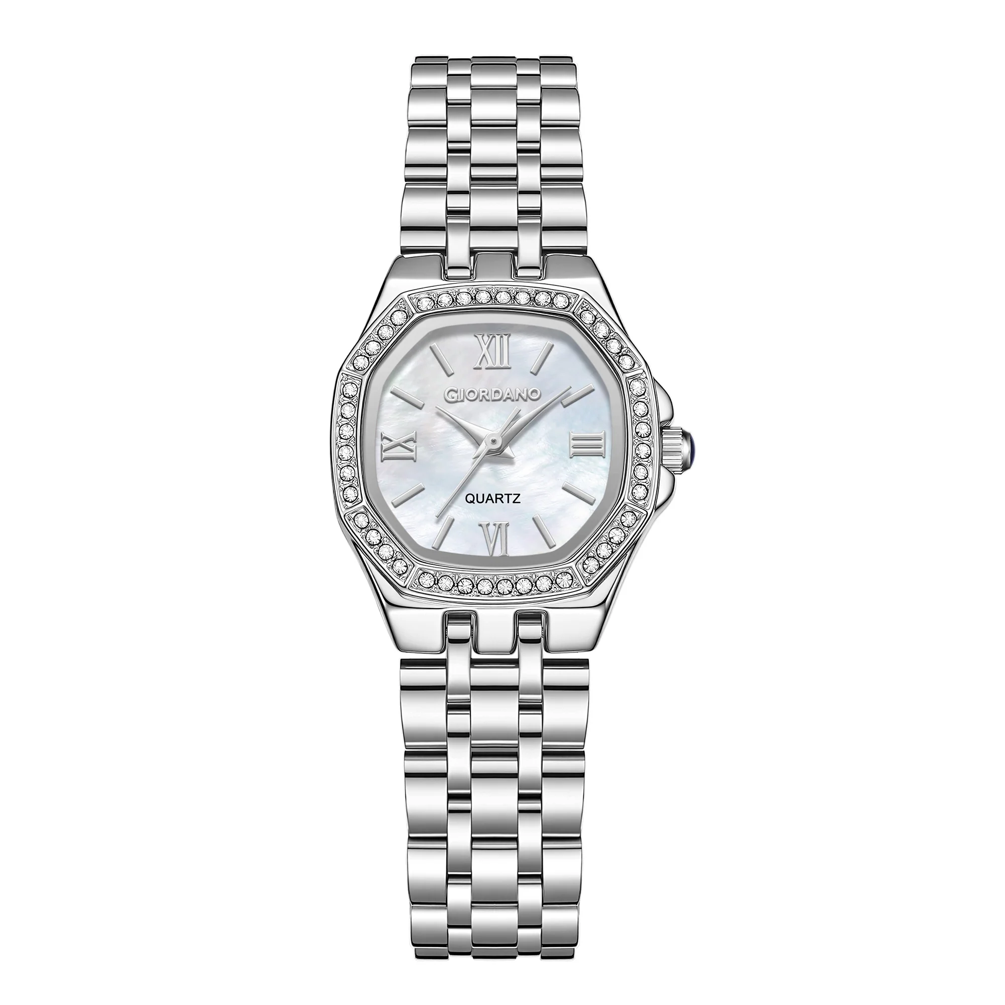 Giordano Analog Watch for Women with Silver Dial, Crystal Studded Bezel, Roman Indices & Stainless Steel Strap GZ-60162-22 - Image 4