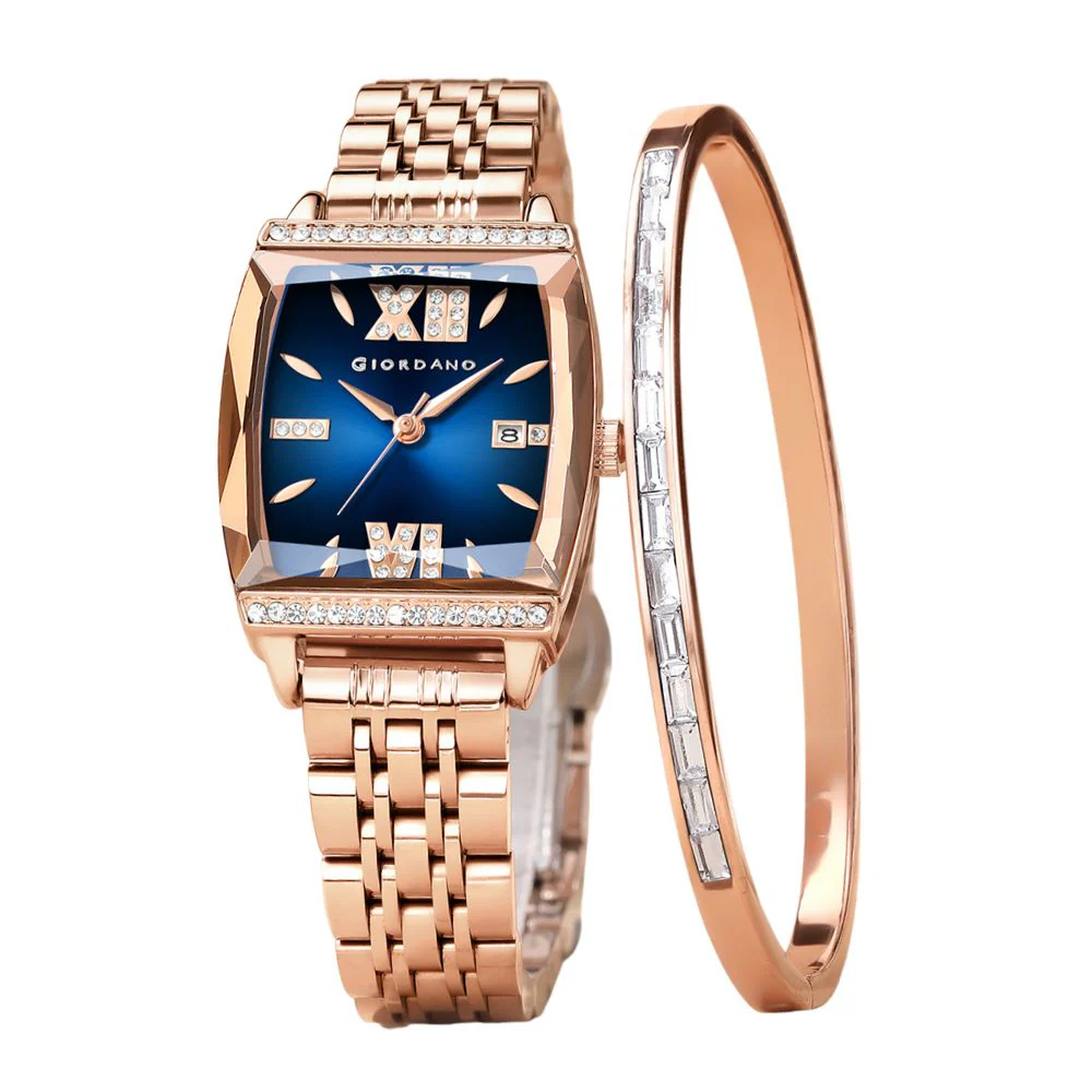 Giordano Analog Watch with Bracelet Set for Women – Cut Glass Square Dial, Crystal Roman Indices and Stainless Steel Strap – Elegant Gift Combo for Women | GZ-60117-33 - Image 5