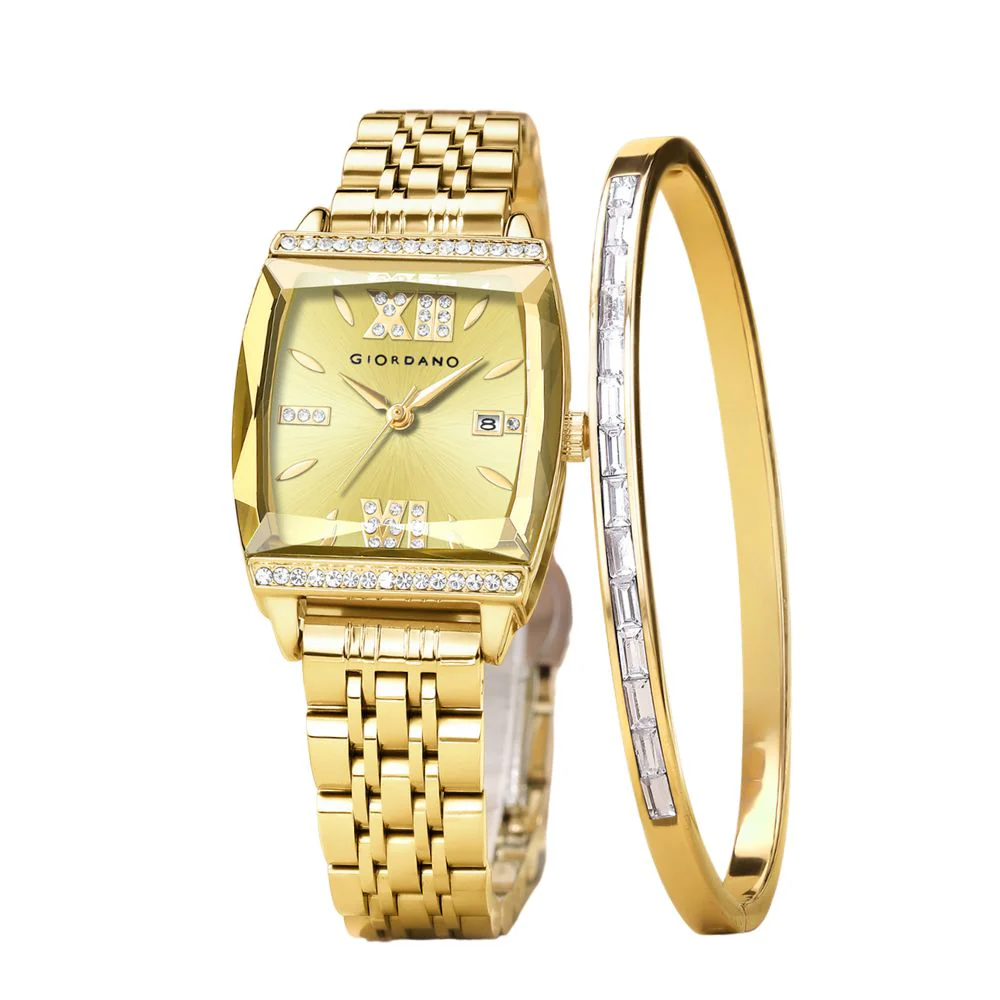 Giordano Analog Watch with Bracelet Set for Women – Cut Glass Square Dial, Crystal Roman Indices and Stainless Steel Strap – Elegant Gift Combo for Women | GZ-60117-66 - Image 7
