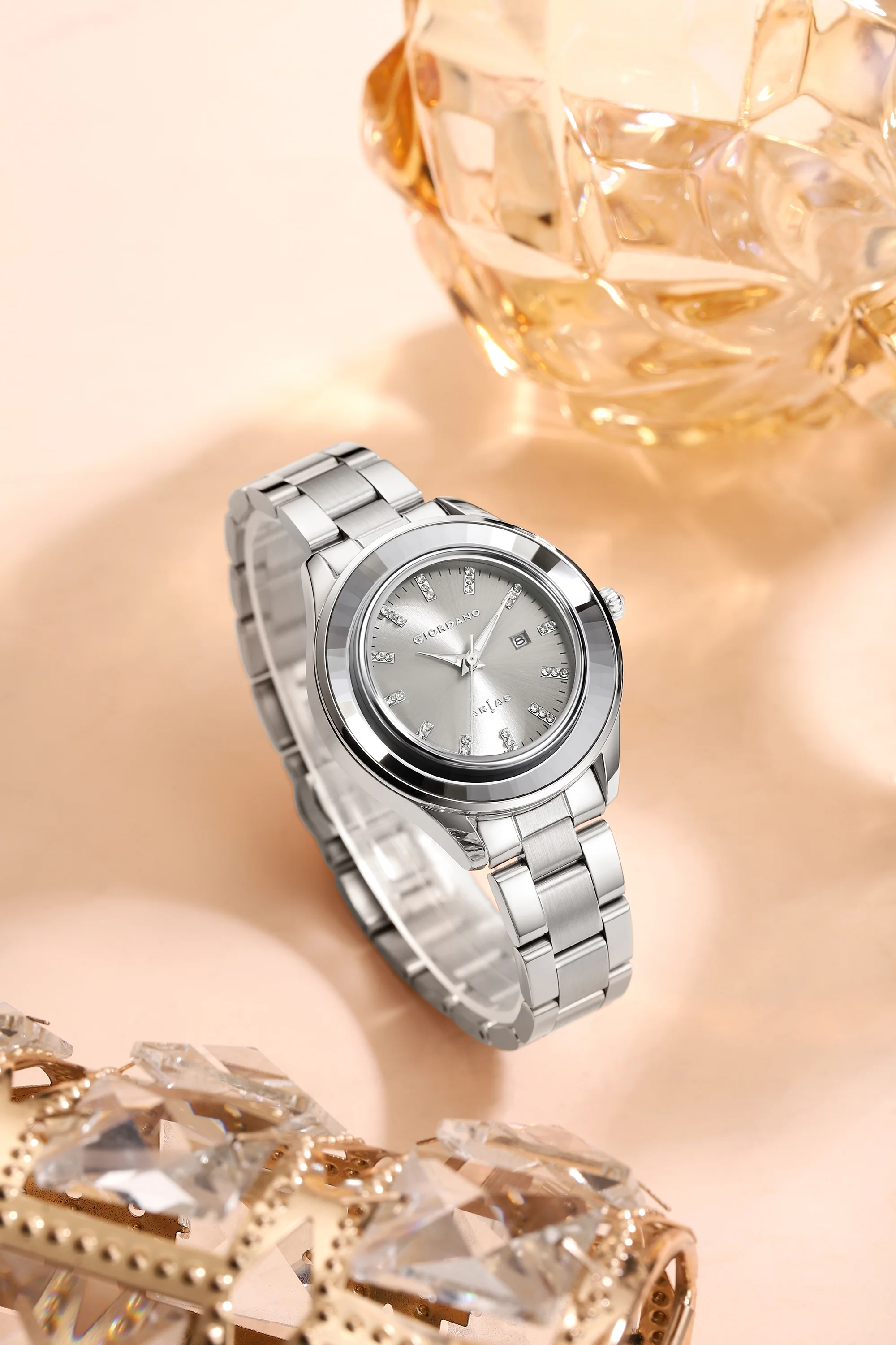 Giordano Arias Analog Quartz Watch for Women with Round Sunray Dial, Crystal Hour Markers, Date Display & Stainless Steel Strap - GZ-60175-11 - Image 3
