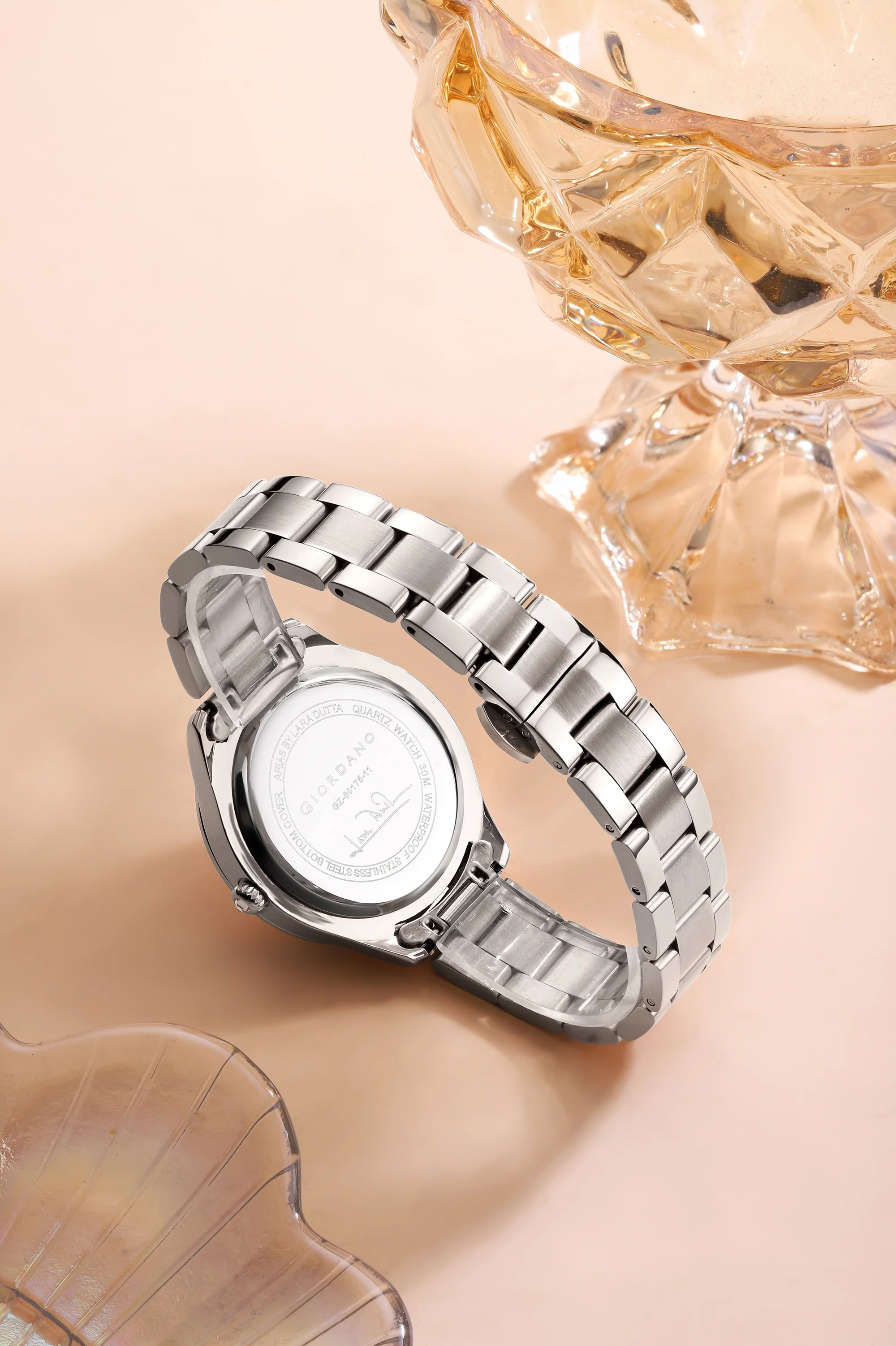 Giordano Arias Analog Quartz Watch for Women with Round Sunray Dial, Crystal Hour Markers, Date Display & Stainless Steel Strap - GZ-60175-11 - Image 4