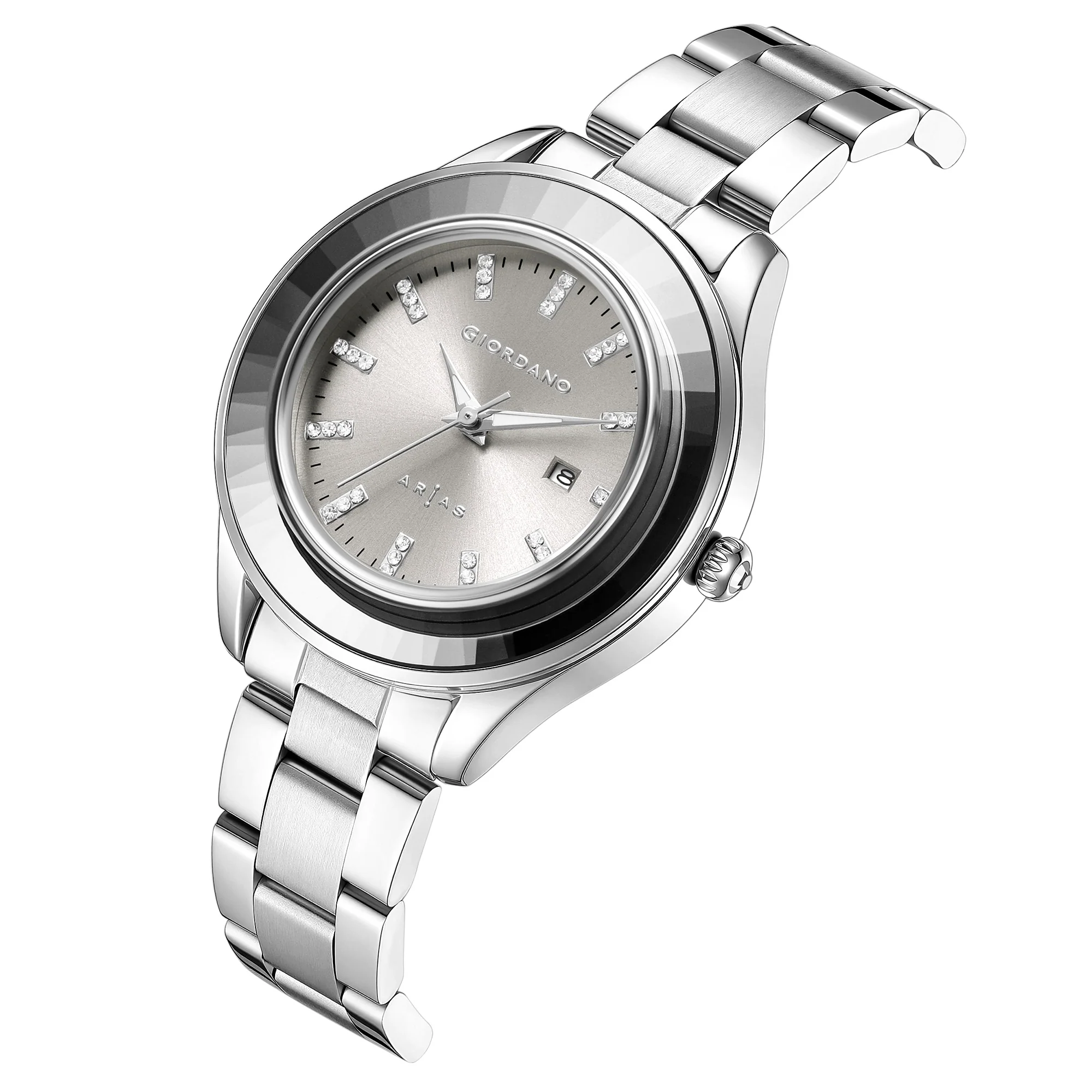Giordano Arias Analog Quartz Watch for Women with Round Sunray Dial, Crystal Hour Markers, Date Display & Stainless Steel Strap - GZ-60175-11 - Image 6