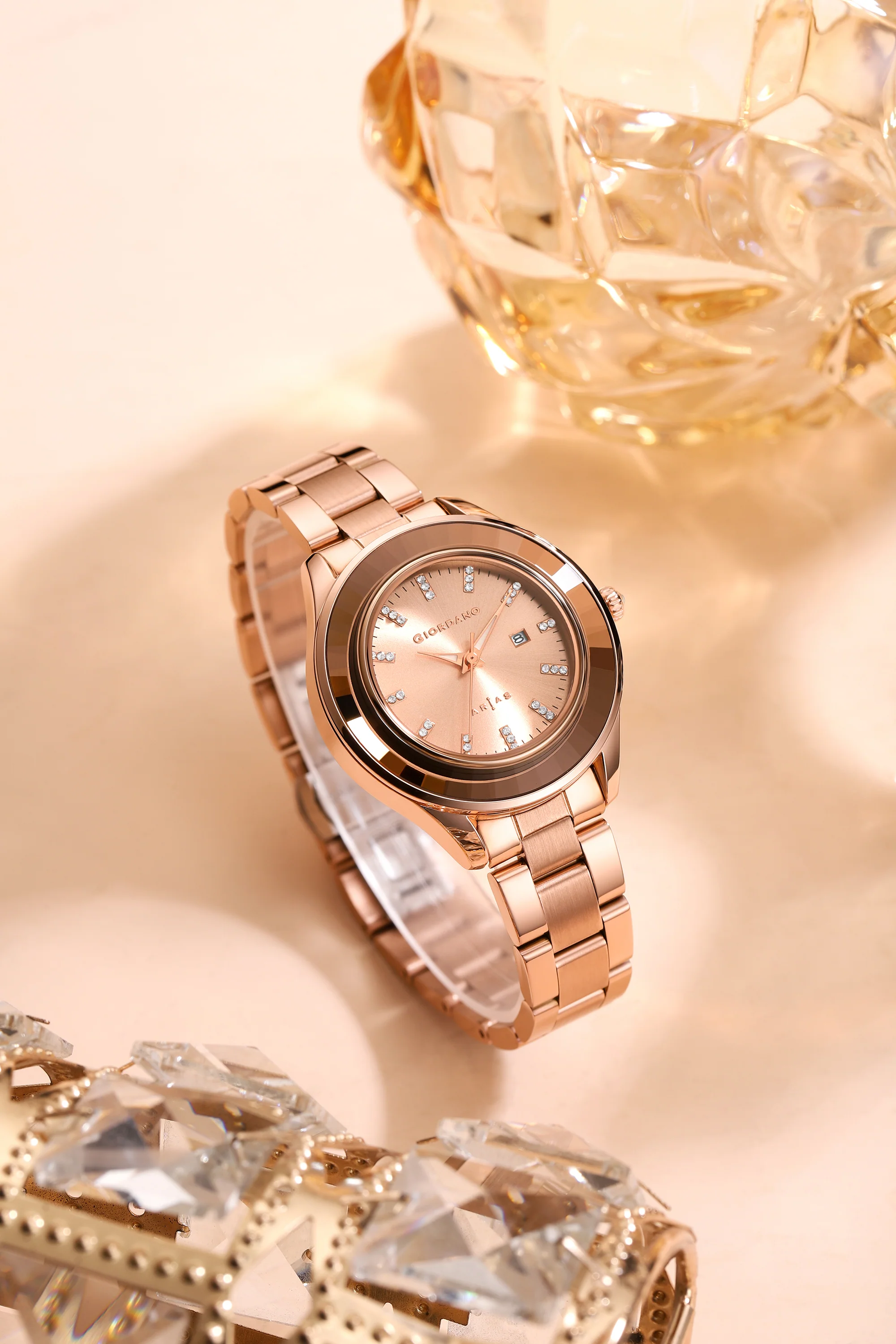 Giordano Arias Analog Quartz Watch for Women with Round Sunray Dial, Crystal Hour Markers, Date Display & Stainless Steel Strap - GZ-60175-22 - Image 3