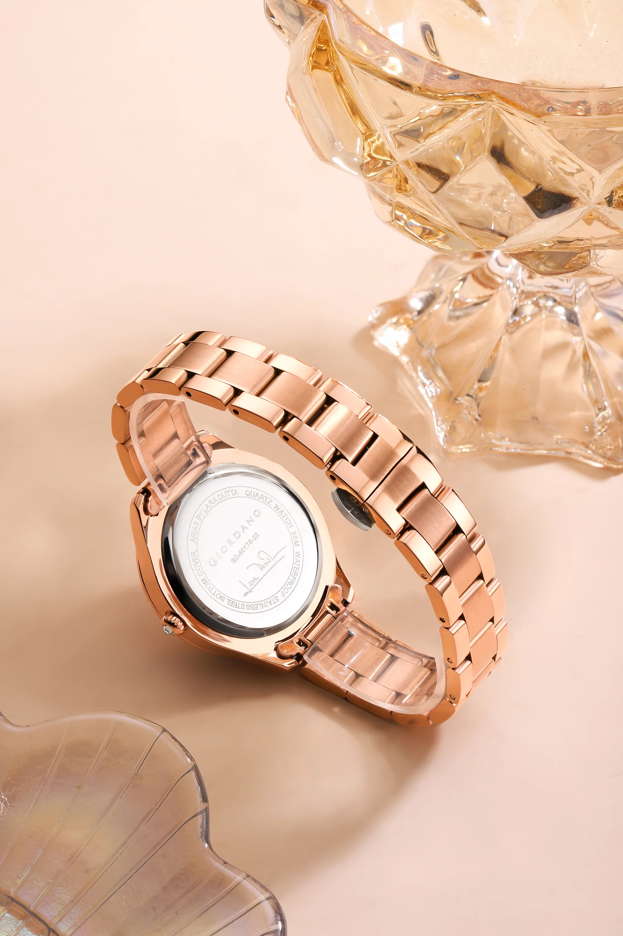 Giordano Arias Analog Quartz Watch for Women with Round Sunray Dial, Crystal Hour Markers, Date Display & Stainless Steel Strap - GZ-60175-22 - Image 4