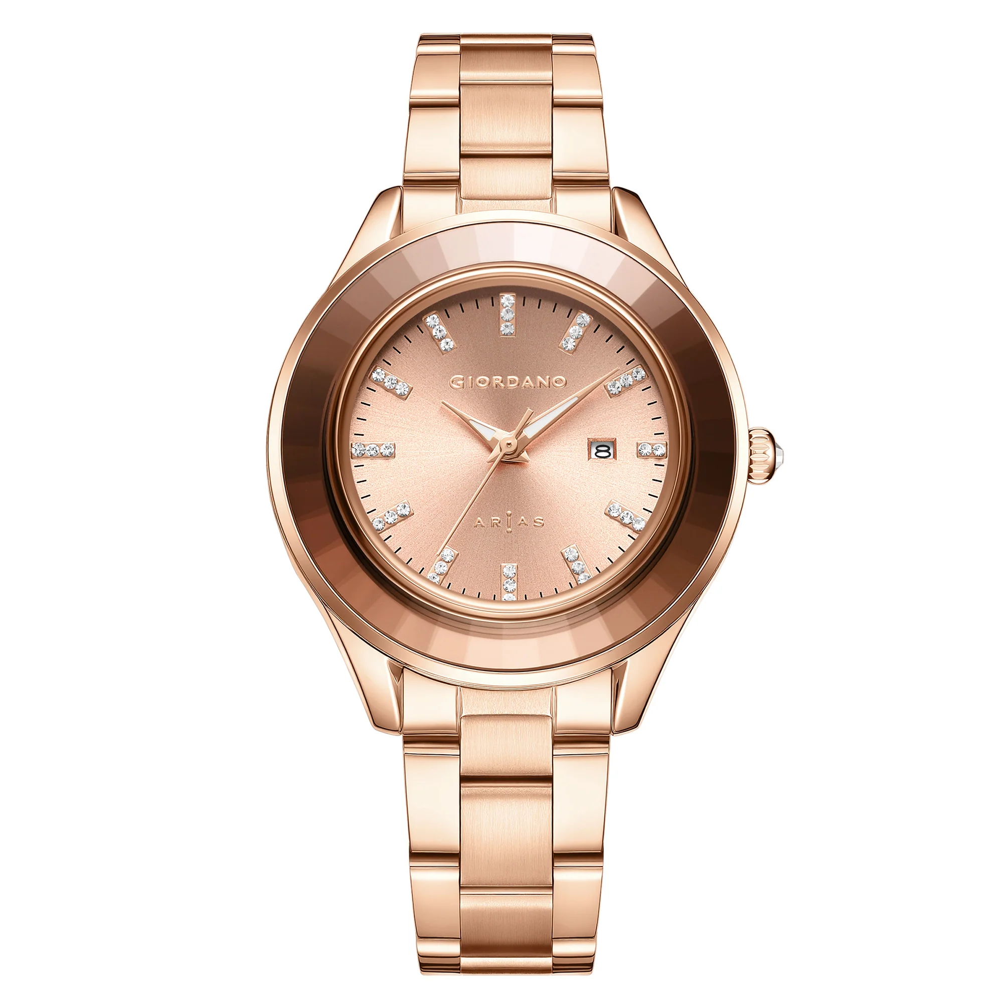 Giordano Arias Analog Quartz Watch for Women with Round Sunray Dial, Crystal Hour Markers, Date Display & Stainless Steel Strap - GZ-60175-22 - Image 5