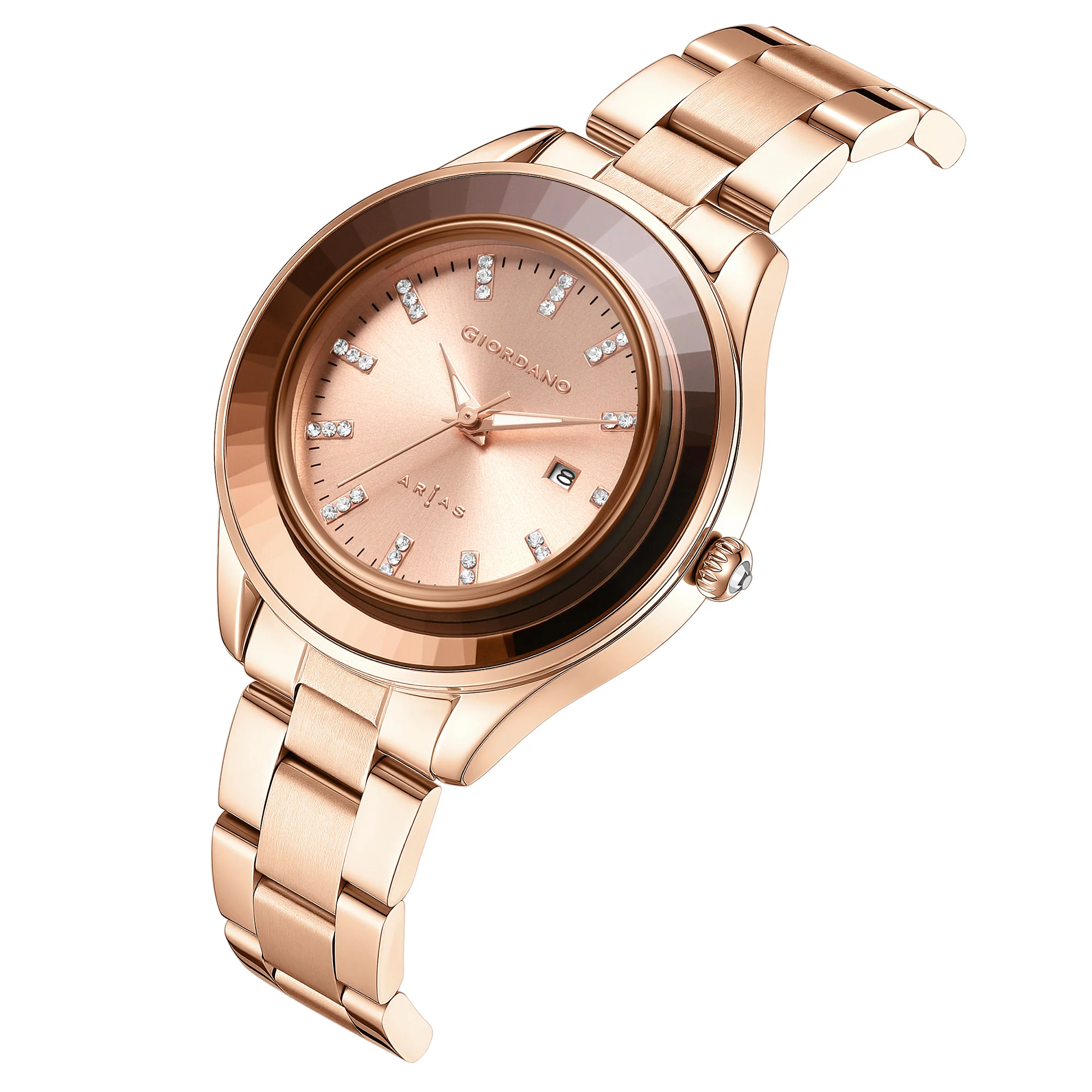 Giordano Arias Analog Quartz Watch for Women with Round Sunray Dial, Crystal Hour Markers, Date Display & Stainless Steel Strap - GZ-60175-22 - Image 6
