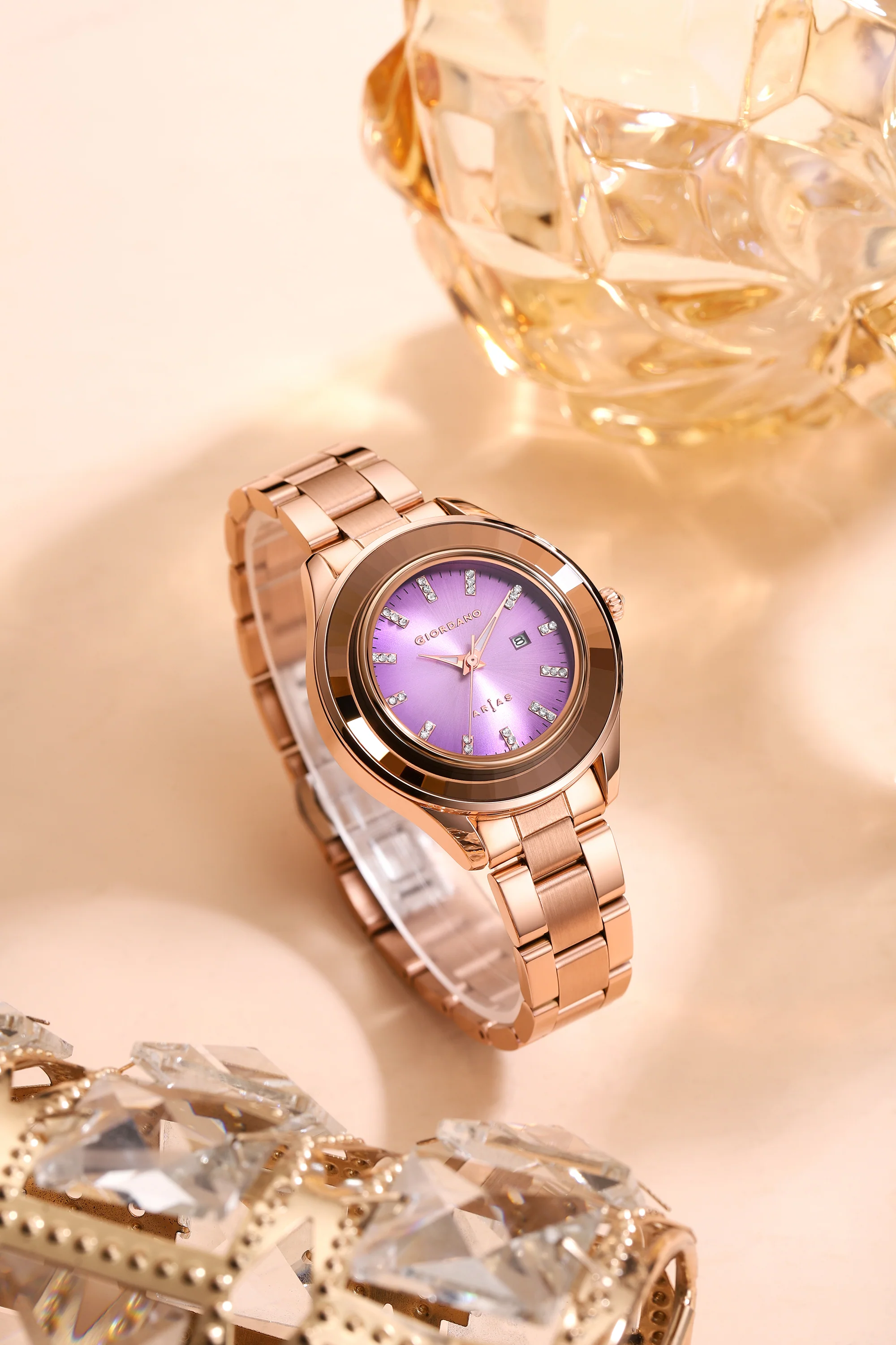 Giordano Arias Analog Quartz Watch for Women with Round Sunray Dial, Crystal Hour Markers, Date Display & Stainless Steel Strap - GZ-60175-33 - Image 3