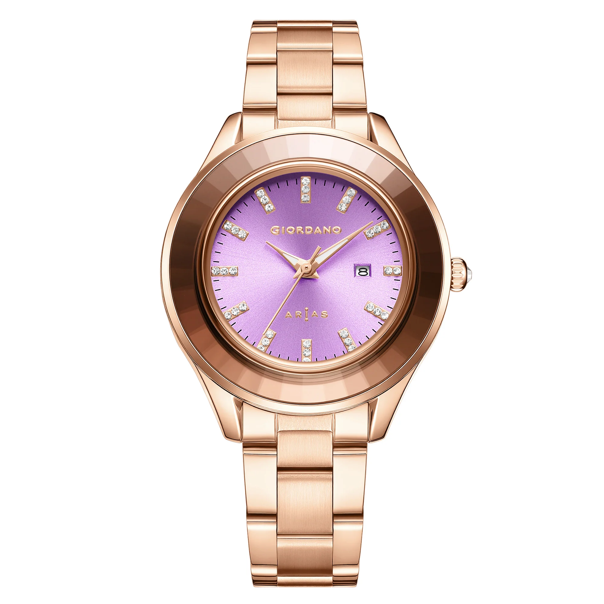 Giordano Arias Analog Quartz Watch for Women with Round Sunray Dial, Crystal Hour Markers, Date Display & Stainless Steel Strap - GZ-60175-33 - Image 5
