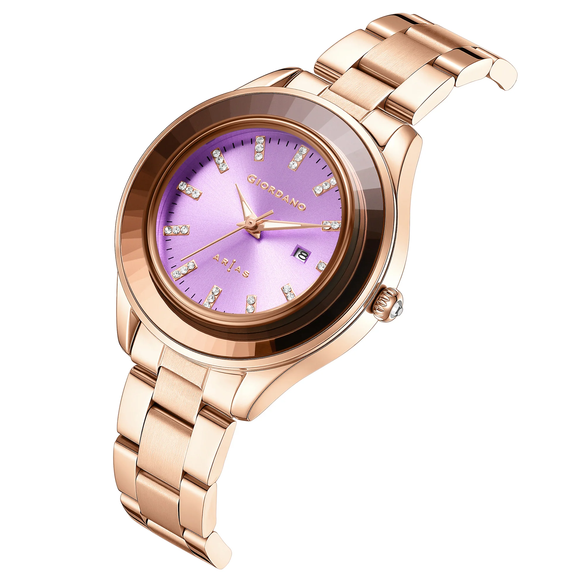 Giordano Arias Analog Quartz Watch for Women with Round Sunray Dial, Crystal Hour Markers, Date Display & Stainless Steel Strap - GZ-60175-33 - Image 6