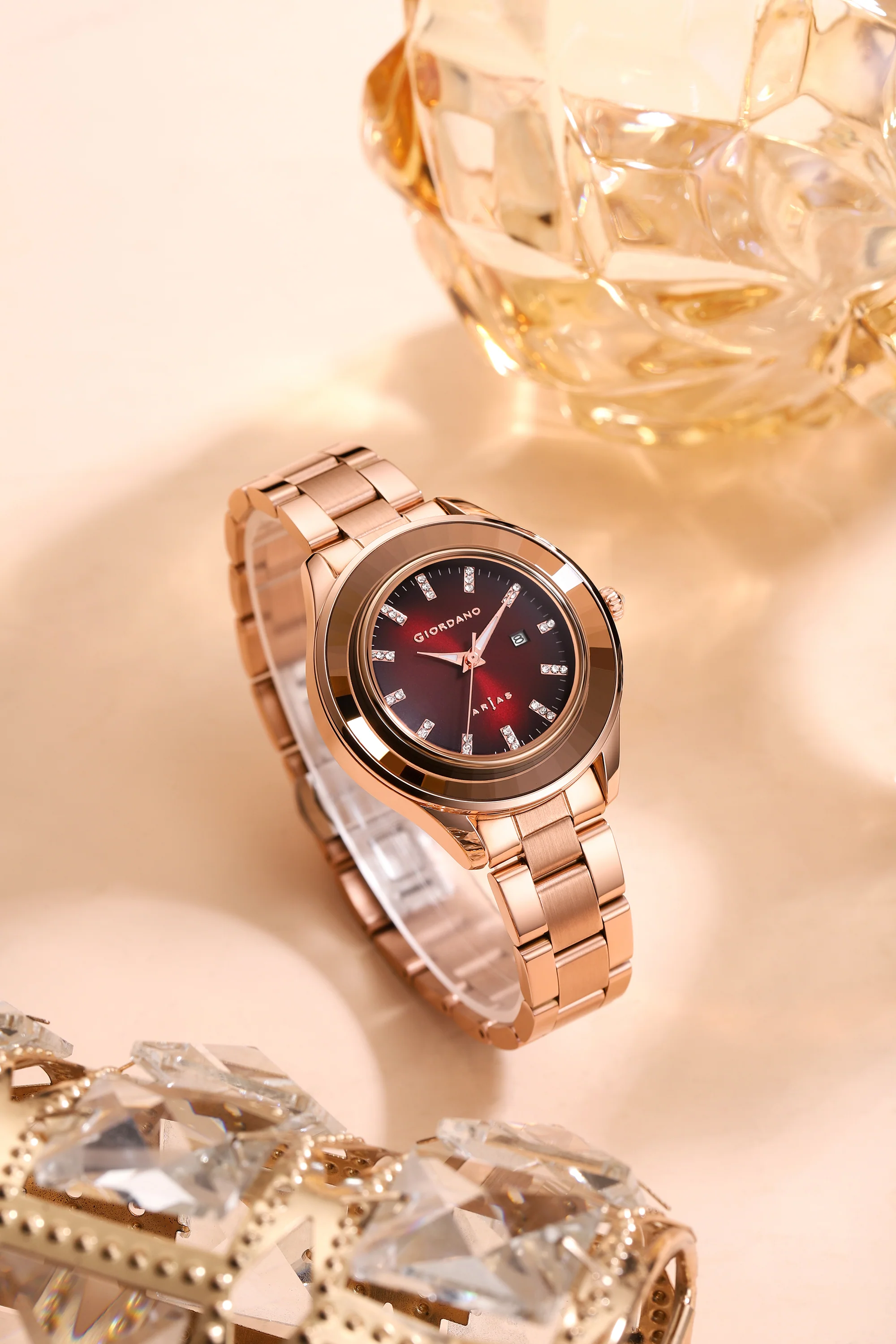 Giordano Arias Analog Quartz Watch for Women with Round Sunray Dial, Crystal Hour Markers, Date Display & Stainless Steel Strap - GZ-60175-44 - Image 3