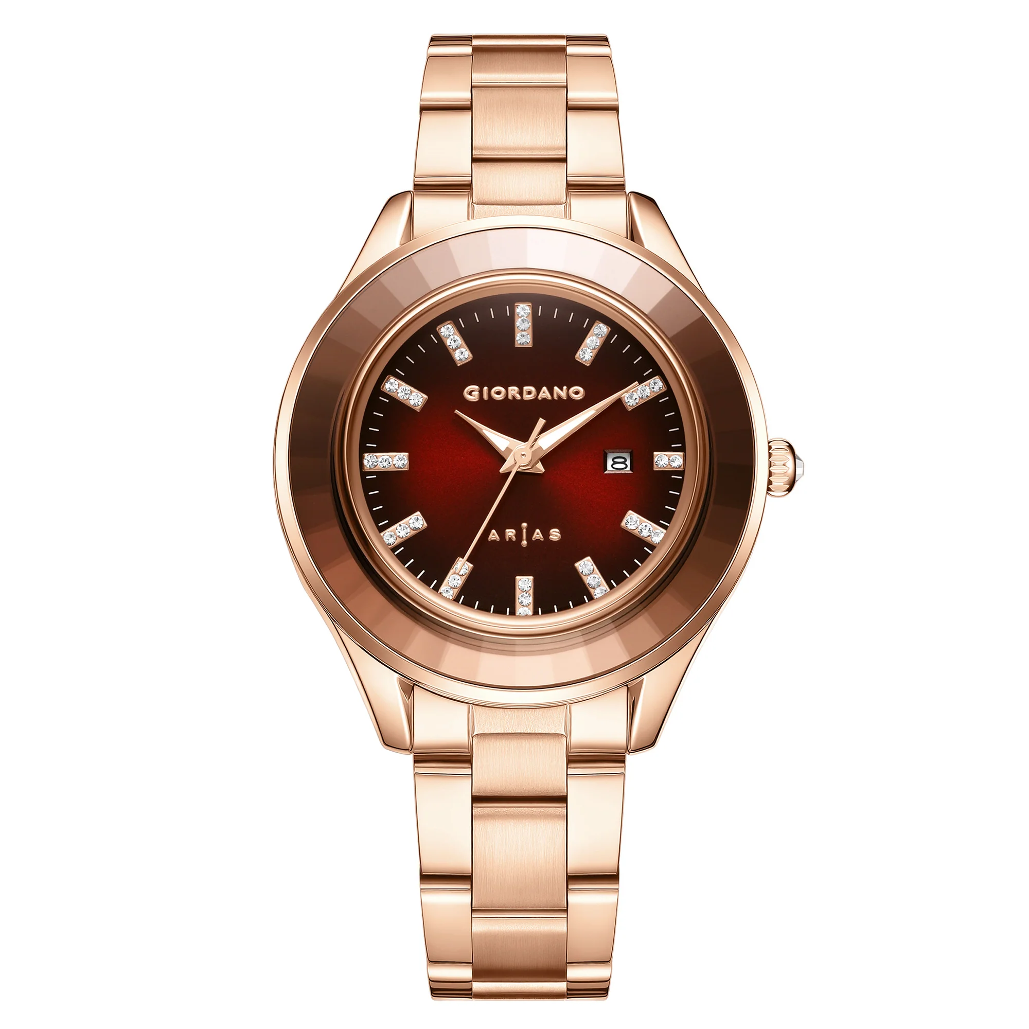 Giordano Arias Analog Quartz Watch for Women with Round Sunray Dial, Crystal Hour Markers, Date Display & Stainless Steel Strap - GZ-60175-44 - Image 5