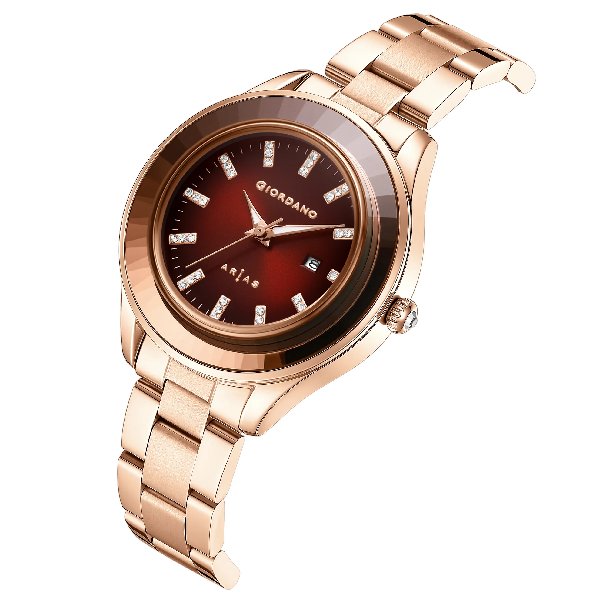 Giordano Arias Analog Quartz Watch for Women with Round Sunray Dial, Crystal Hour Markers, Date Display & Stainless Steel Strap - GZ-60175-44 - Image 6