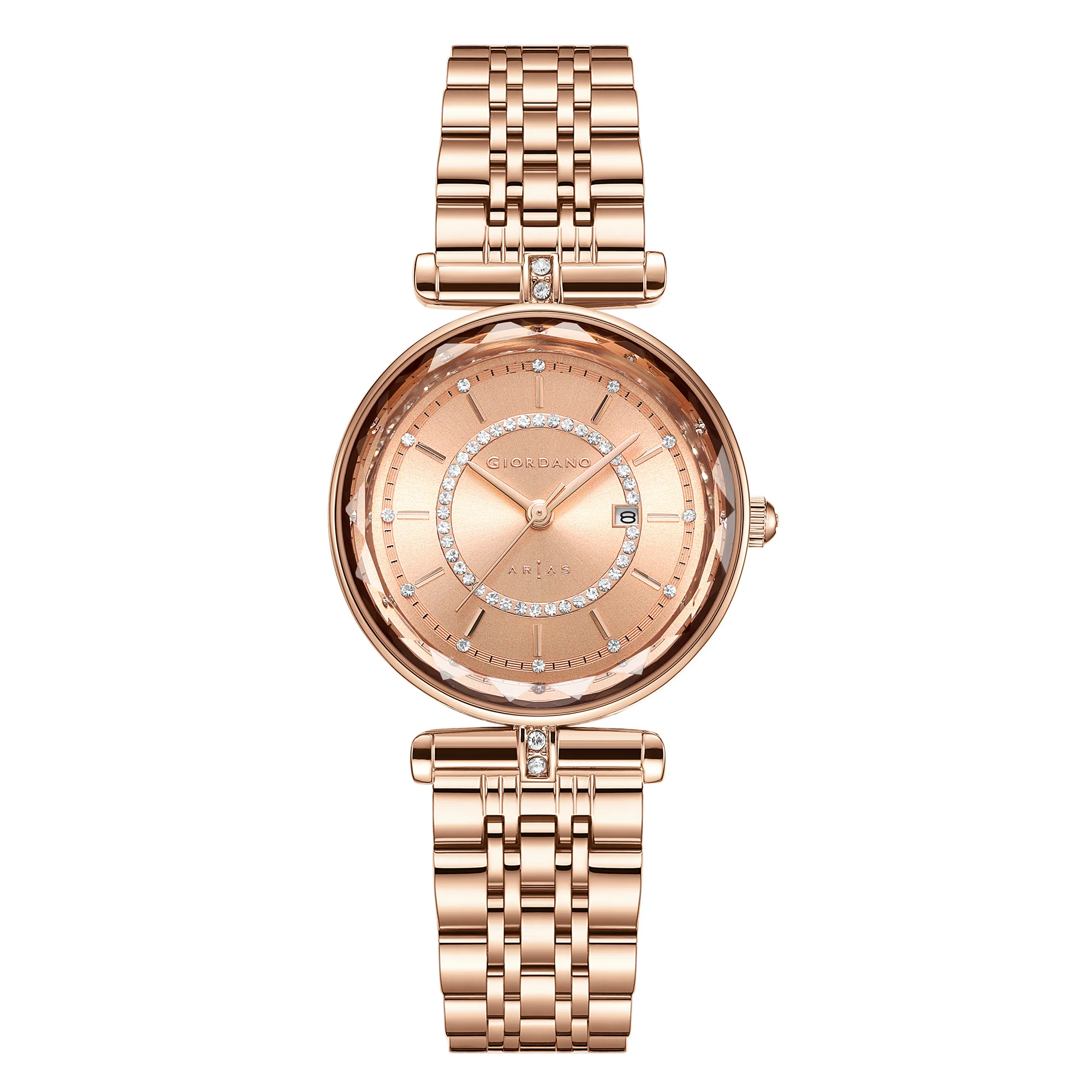 Giordano Arias Lara Dutta Signature Collection Analog Quartz Watch for Women with Crystal-Studded Cut Glass Dial, Date Display and Rose Gold Stainless Steel Strap GZ-60173-11 - Image 3
