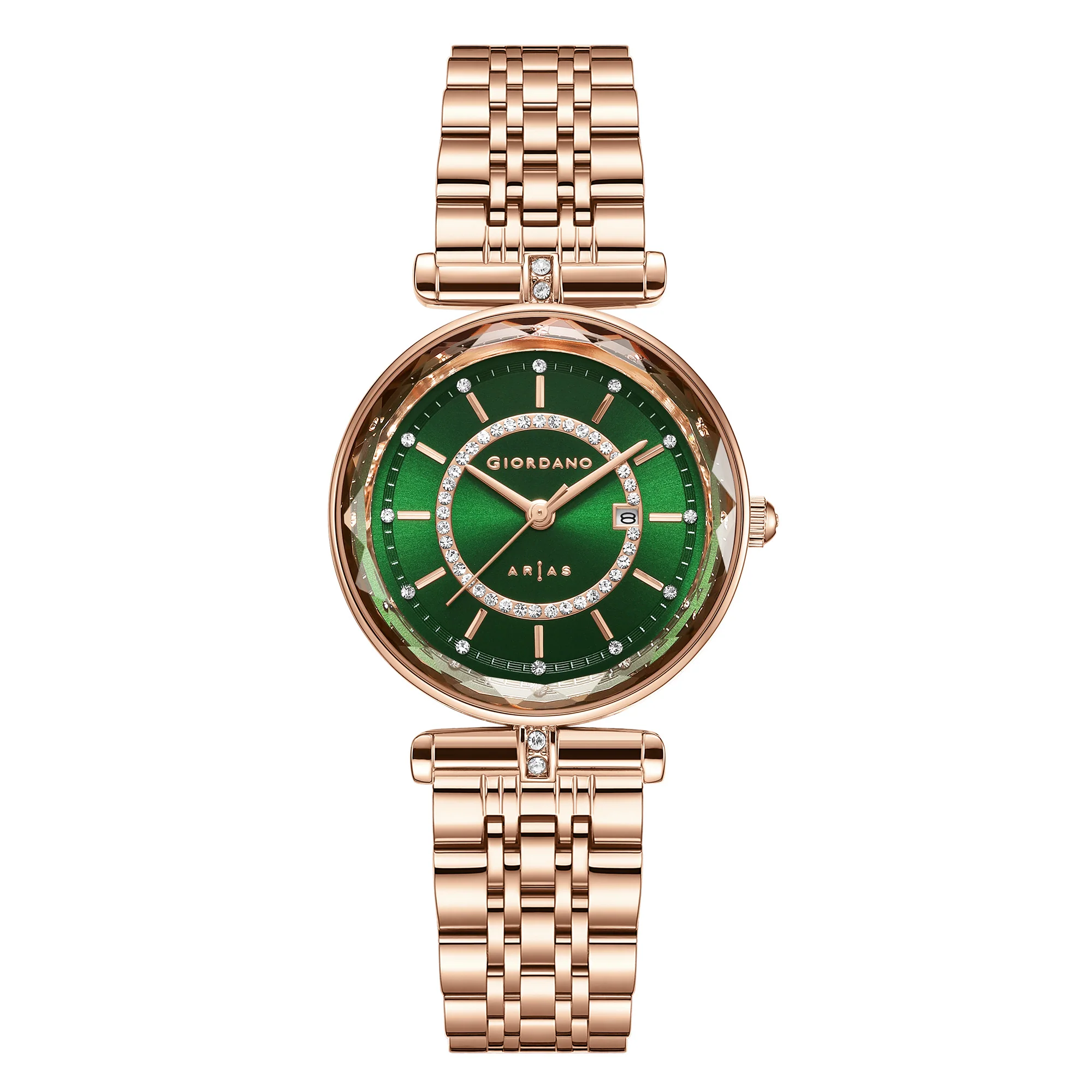 Giordano Arias Lara Dutta Signature Collection Analog Quartz Watch for Women with Crystal-Studded Cut Glass Dial, Date Display and Rose Gold Stainless Steel Strap GZ-60173-33 - Image 3