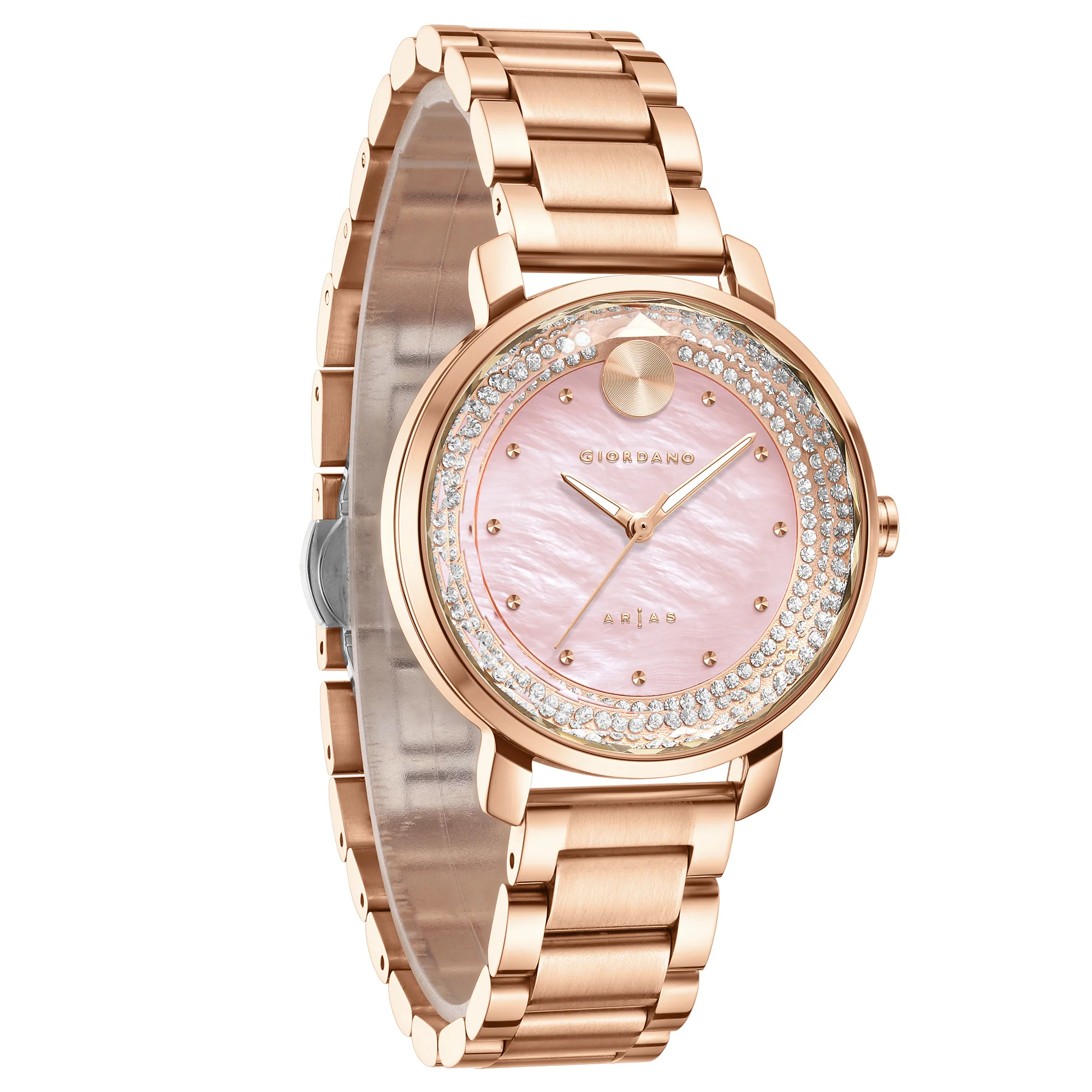 Giordano Arias Lara Dutta Signature Collection Analog Quartz Watch for Women with Mother-of-Pearl Cut Glass Dial, Crystal-Studded Ring, Luminous Hands and Stainless Steel Strap GZ-60176-11 - Image 2