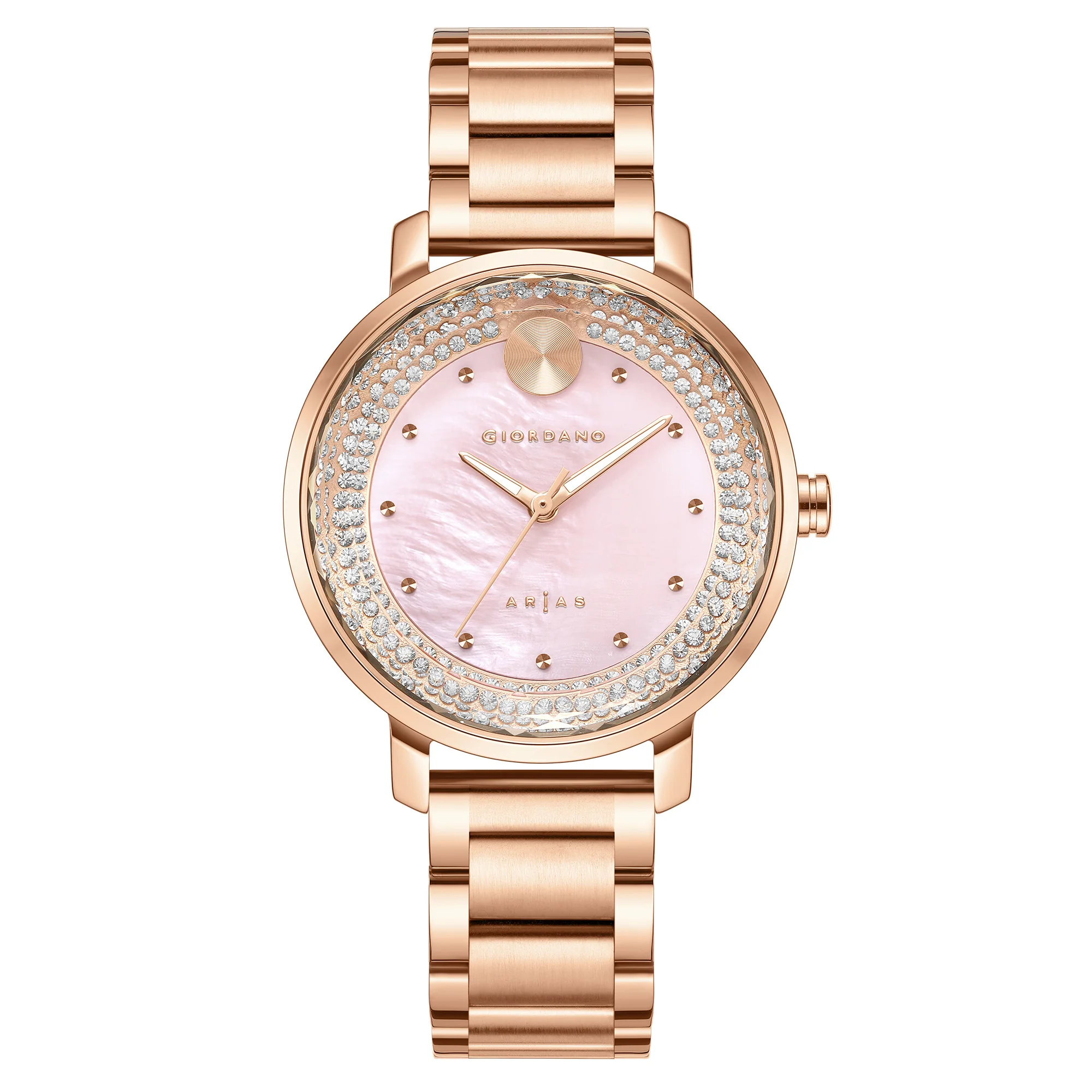 Giordano Arias Lara Dutta Signature Collection Analog Quartz Watch for Women with Mother-of-Pearl Cut Glass Dial, Crystal-Studded Ring, Luminous Hands and Stainless Steel Strap GZ-60176-11 - Image 3