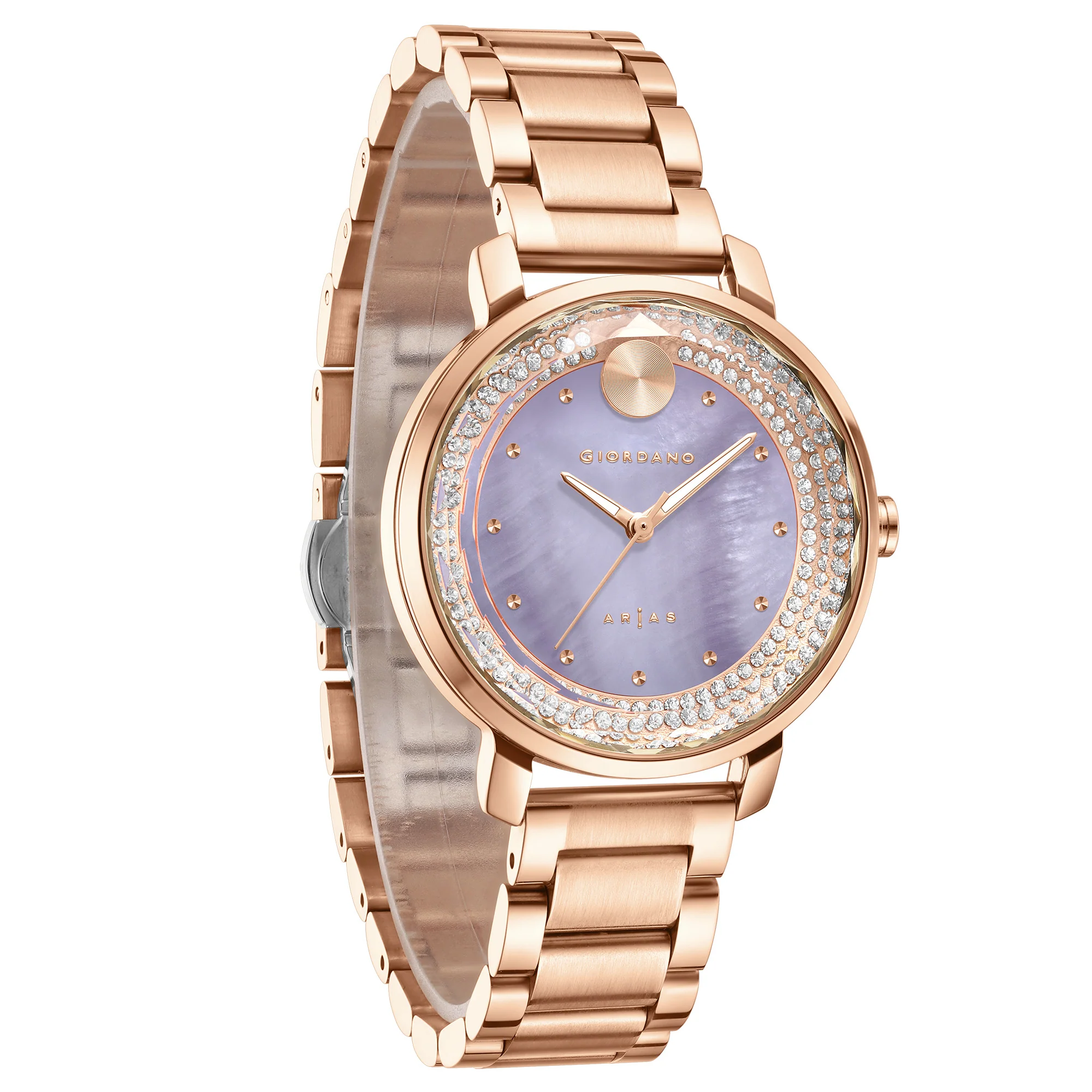 Giordano Arias Lara Dutta Signature Collection Analog Quartz Watch for Women with Mother-of-Pearl Cut Glass Dial, Crystal-Studded Ring, Luminous Hands and Stainless Steel Strap GZ-60176-22 - Image 2