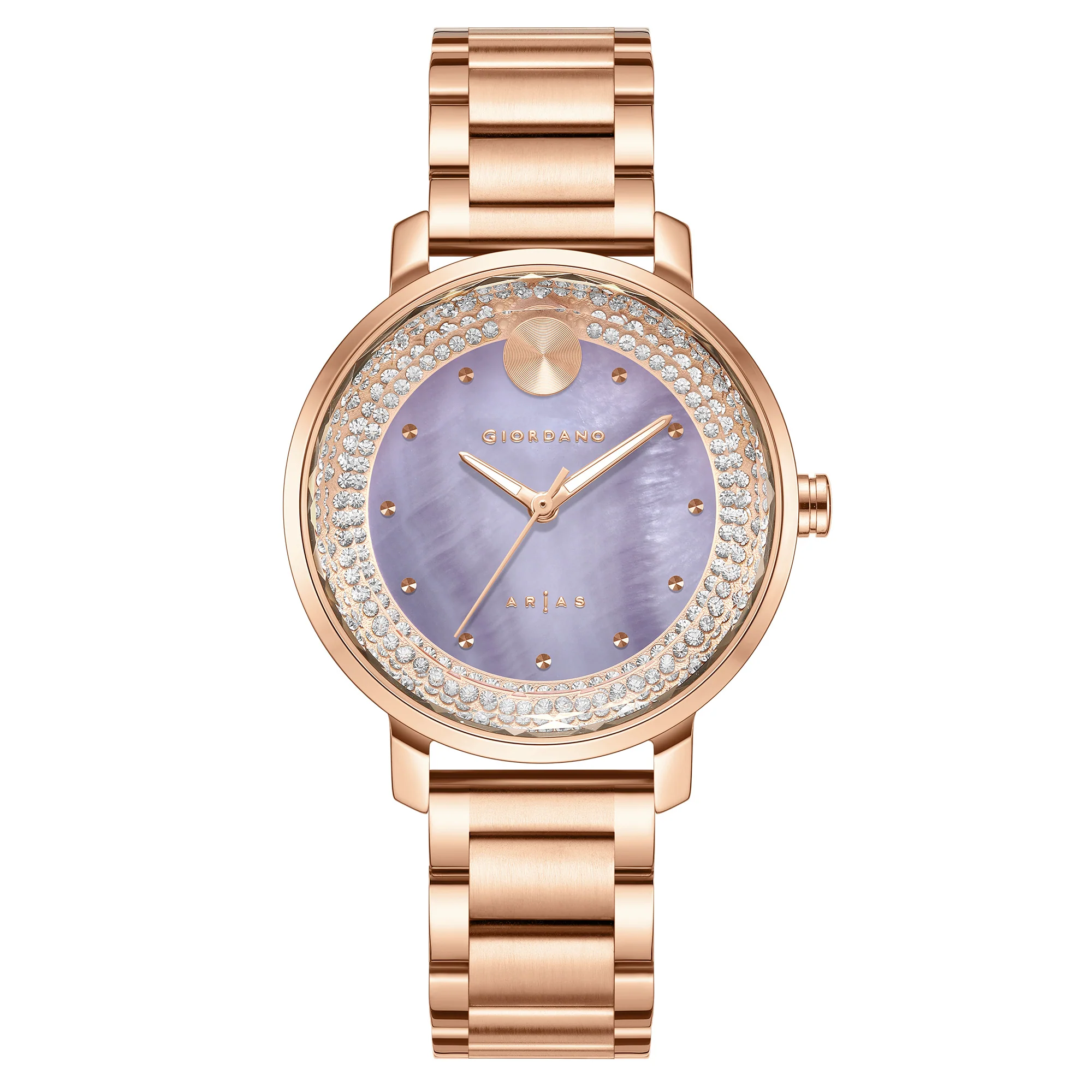 Giordano Arias Lara Dutta Signature Collection Analog Quartz Watch for Women with Mother-of-Pearl Cut Glass Dial, Crystal-Studded Ring, Luminous Hands and Stainless Steel Strap GZ-60176-22 - Image 3