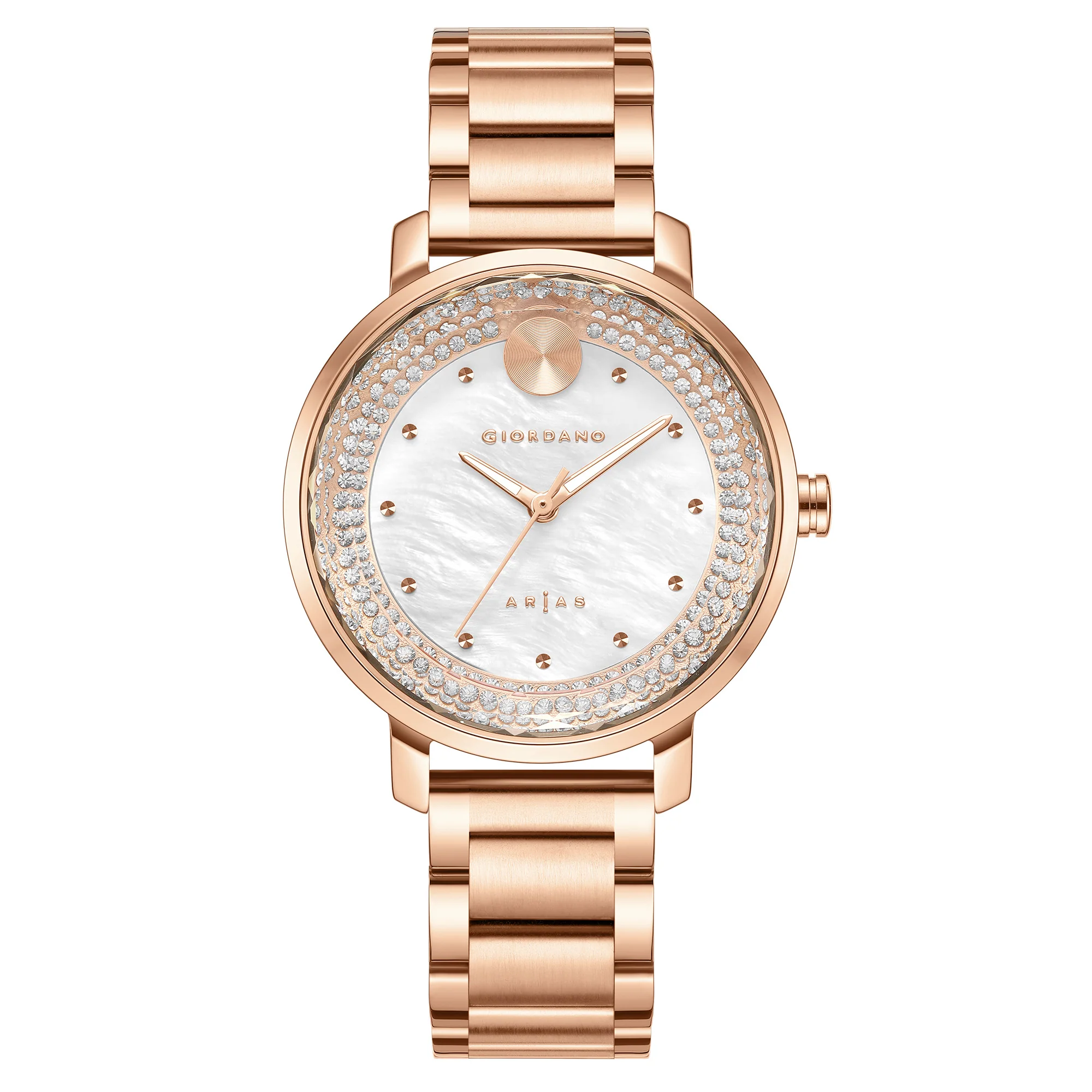 Giordano Arias Lara Dutta Signature Collection Analog Quartz Watch for Women with Mother-of-Pearl Cut Glass Dial, Crystal-Studded Ring, Luminous Hands and Stainless Steel Strap GZ-60176-33 - Image 3