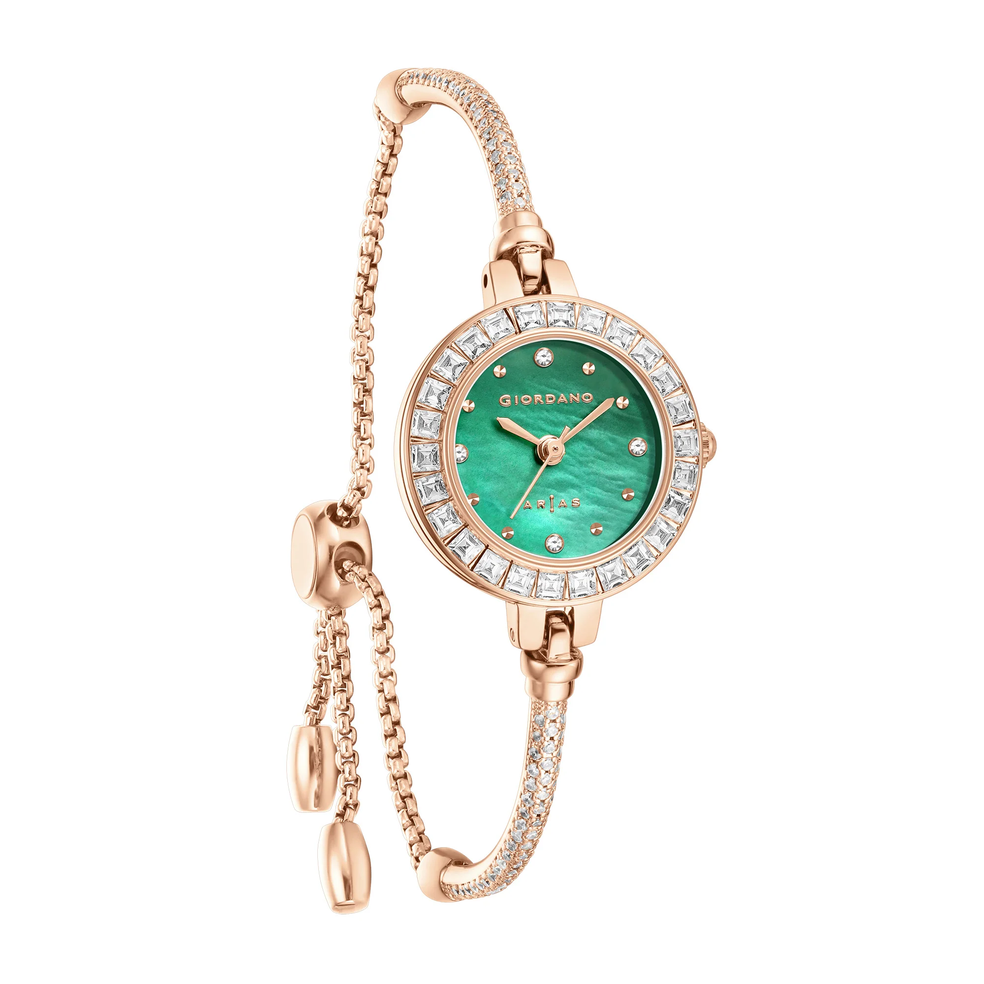 Giordano Arias Lara Dutta Signature Collection Analog Quartz Watch for Women with Mother-of-Pearl Dial, Baguette-Cut Crystal Studded Bezel and Adjustable Chain Bracelet Strap GZ-60178-22 - Image 2