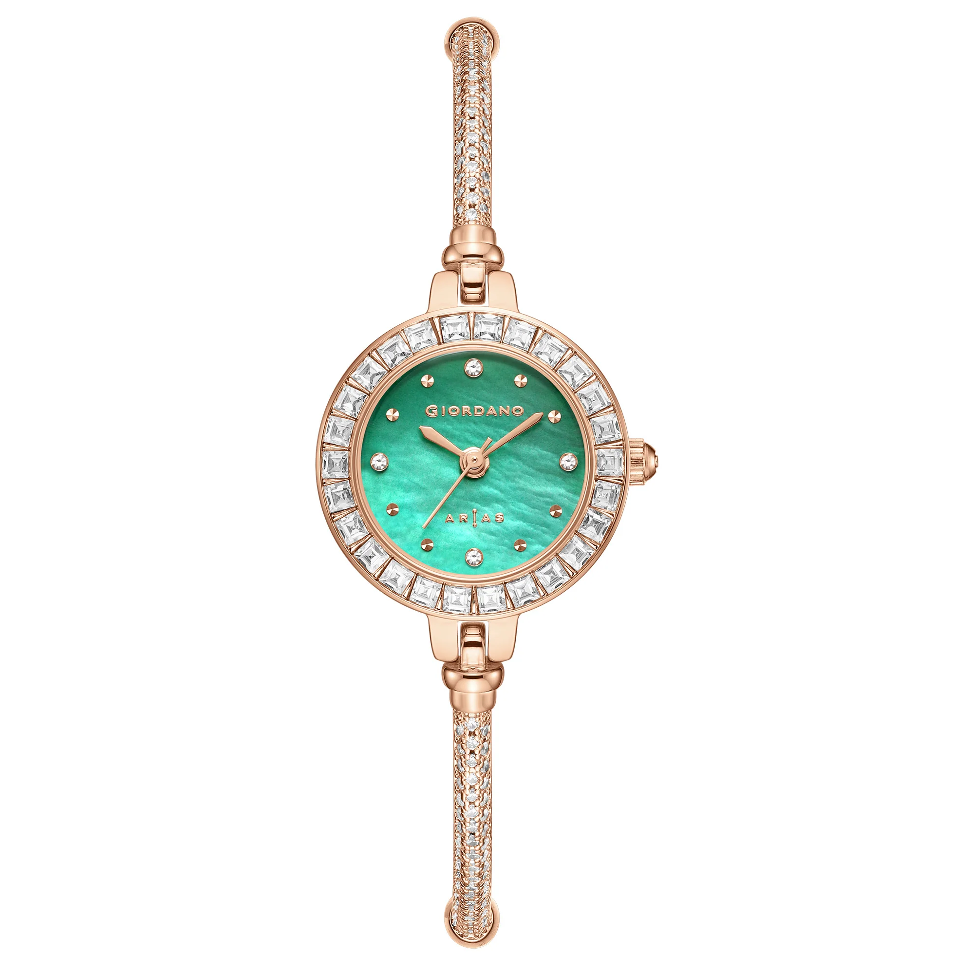 Giordano Arias Lara Dutta Signature Collection Analog Quartz Watch for Women with Mother-of-Pearl Dial, Baguette-Cut Crystal Studded Bezel and Adjustable Chain Bracelet Strap GZ-60178-22 - Image 3