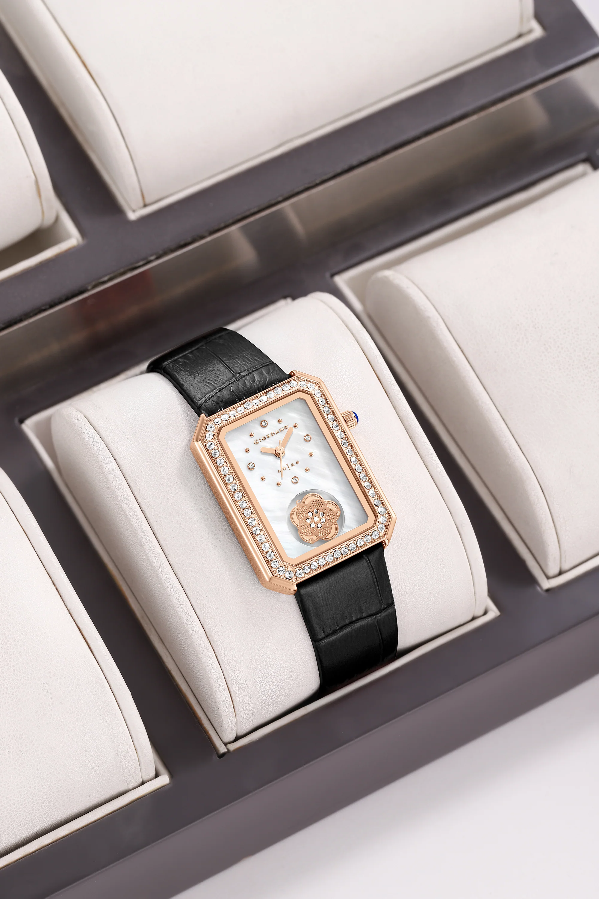 Giordano Arias Lara Dutta Signature Collection Analog Quartz Watch for Women with Rectangular Mother-of-Pearl Floral Design Dial, Crystal-Studded Bezel and Leather Strap GZ-60174-01 - Image 4